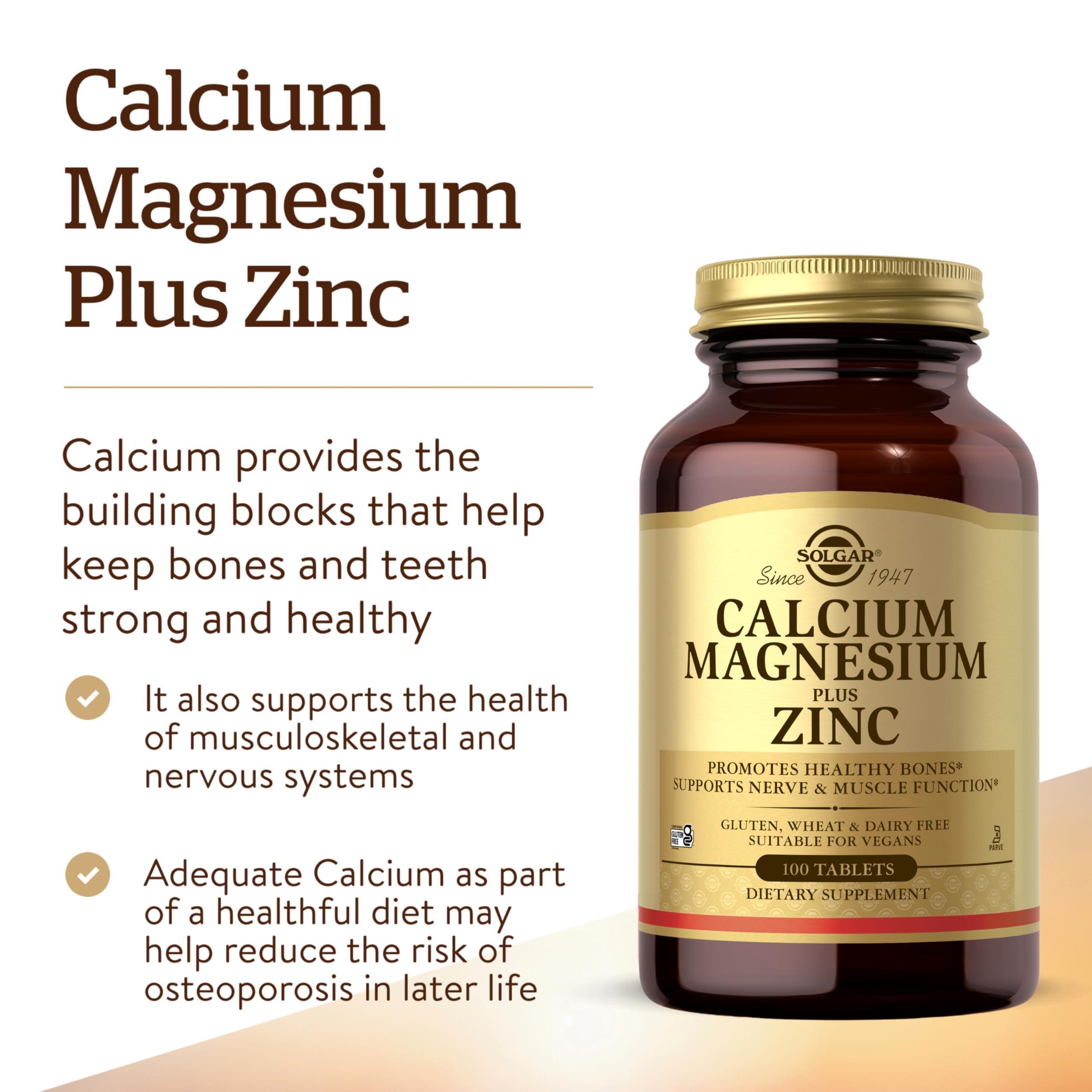 Solgar Solgar Calcium Magnesium Plus Zinc, 100 Tablets - Promotes Healthy Bones and Teeth - Supports Nerve & Muscle Function - Non GMO, Vegan, Gluten Free, Dairy Free, Kosher, Halal - 33 Servings