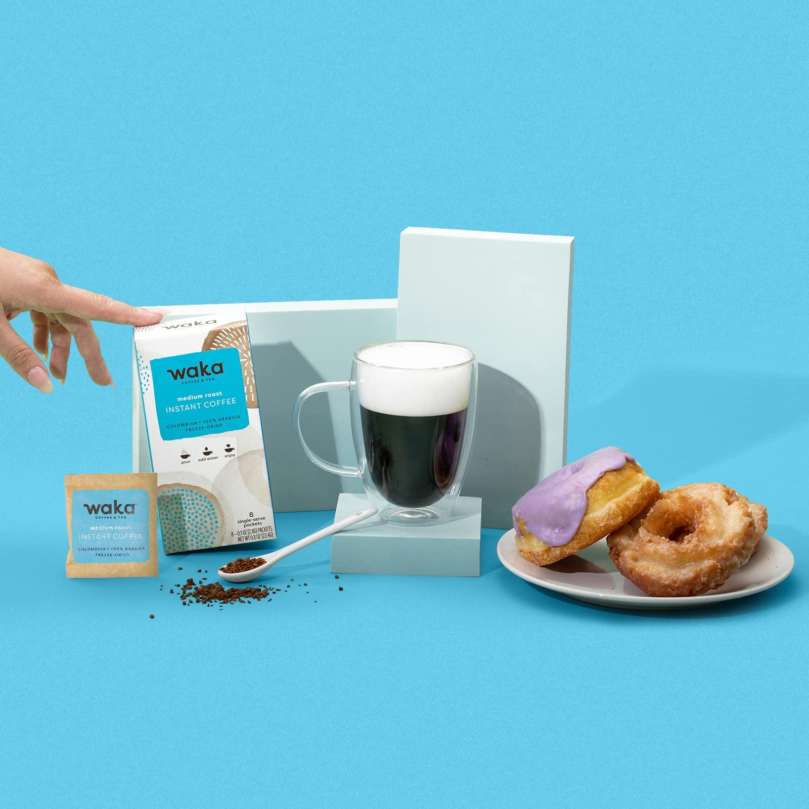 Waka Coffee Waka Instant Coffee, Medium Roast - 100% Arabica Colombian Beans, Freeze Dried Granules, No Additives - Single Serve Packets for Quick Hot and Iced Coffees (8 Individual Coffee Packets)