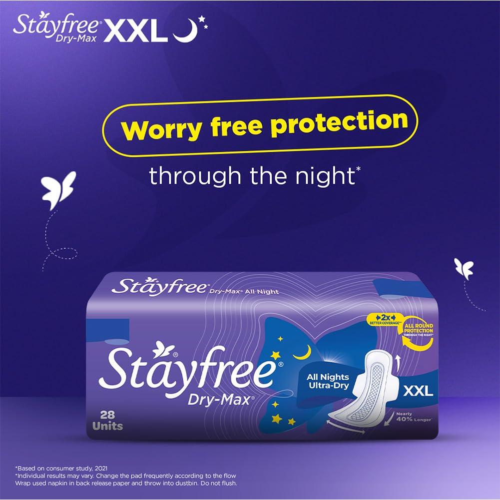 Stayfree Stayfree Dry Max All Night XL Dry Cover Sanitary Pads For Women With Wings, 28 Pads