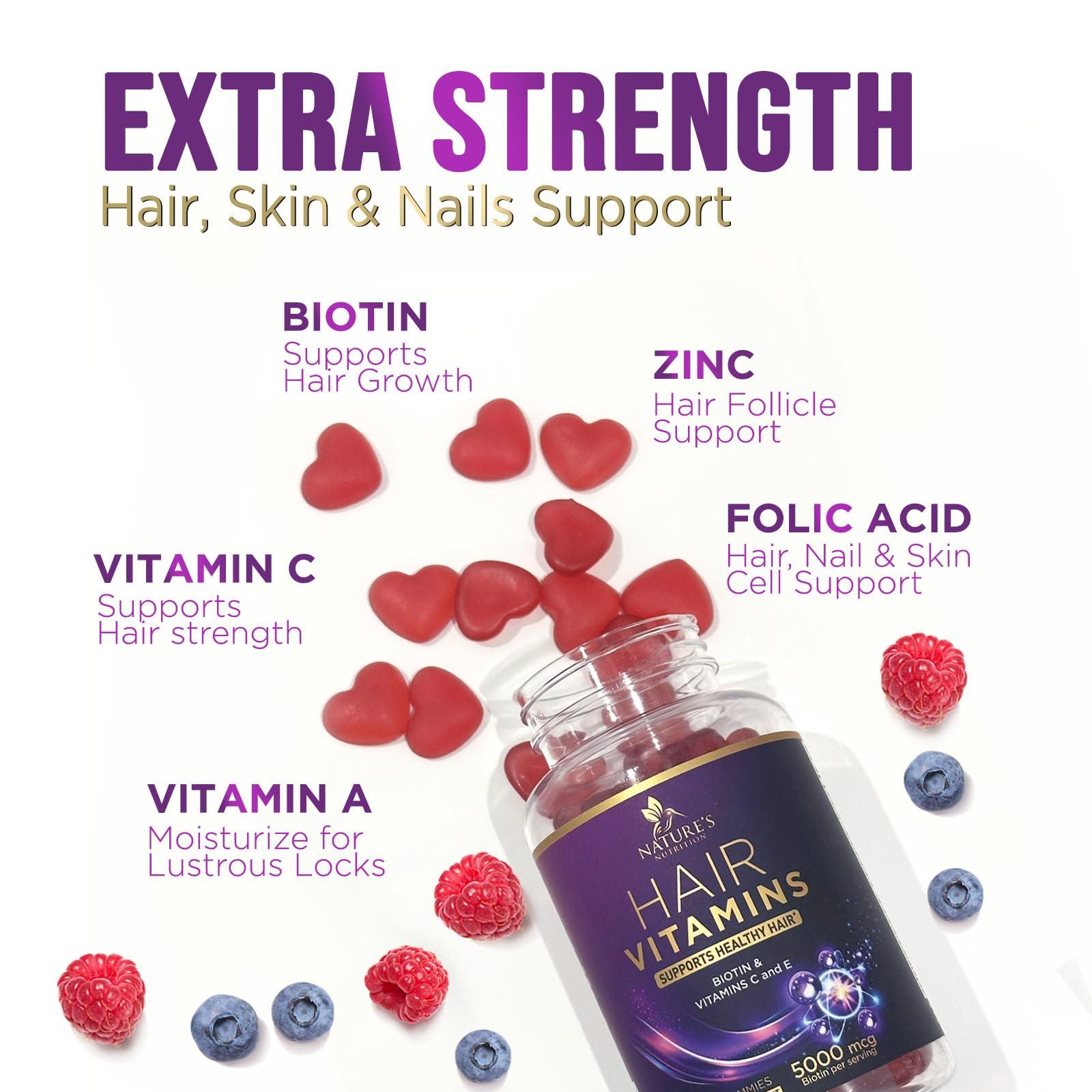 Nature's Nutrition Hair Growth Supplement Gummy for Stronger, Radiant Hair, Skin & Nails - Hair Vitamins with Biotin 5000 mcg and Vitamin E & C, Nature\'s Extra Strength Hair Vitamins for Women & Men - 60 Gummies