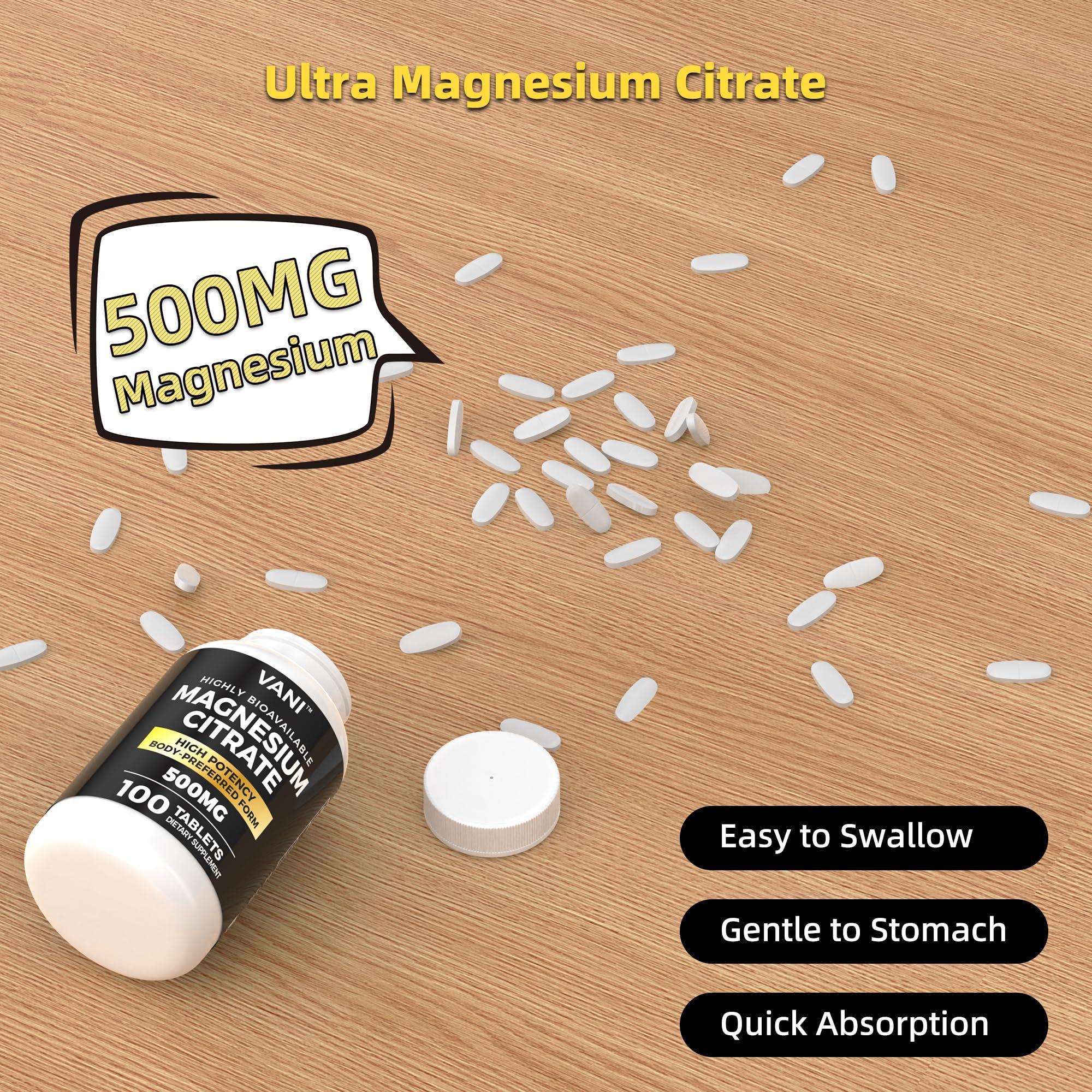 VANI Magnesium Citrate 500MG 100 Tablets- Vegan Safe, High Absorption