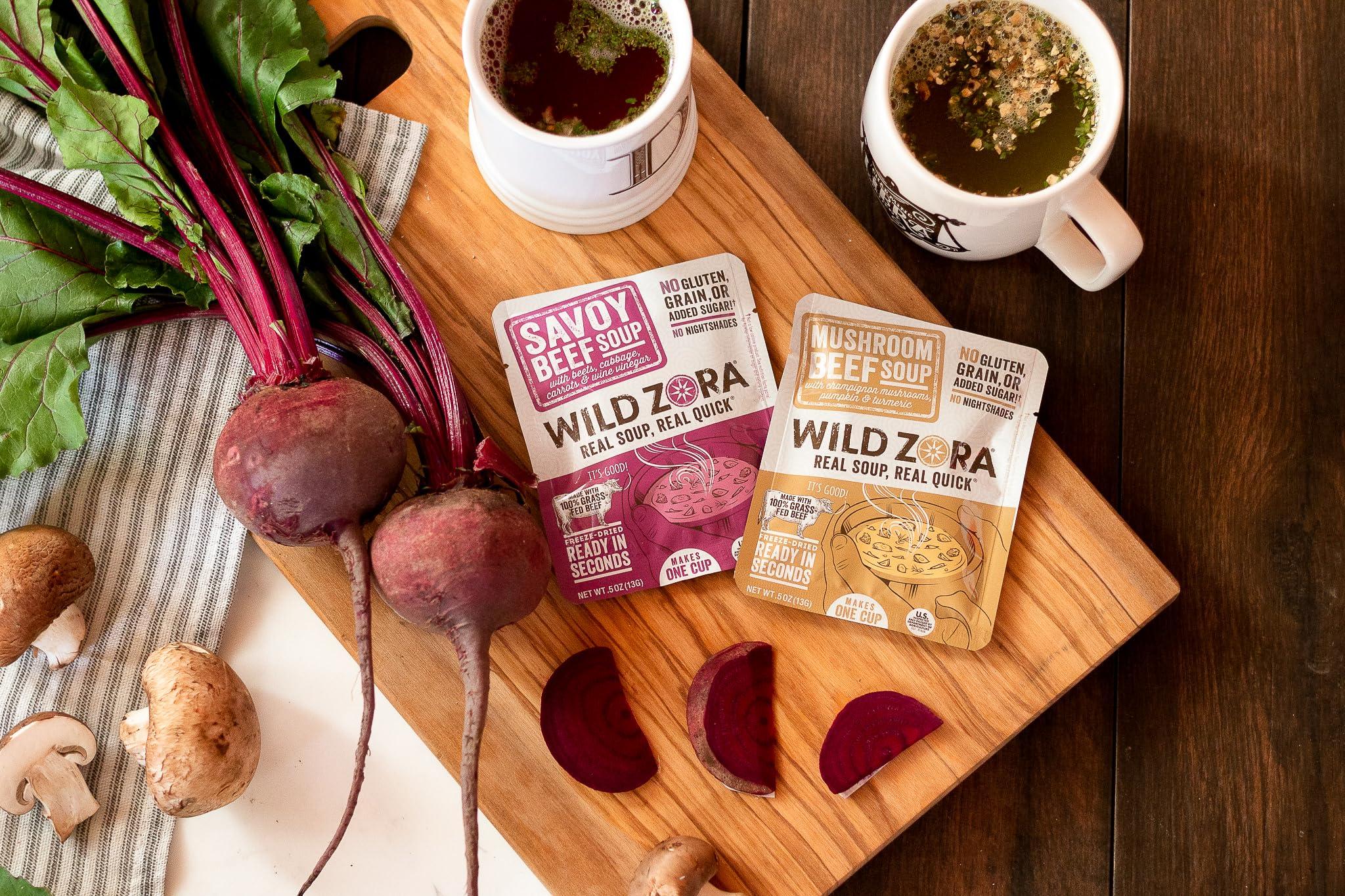 WILD ZORA Wild Zora Instant Keto-Friendly Soups 5-Pack Variety, Broth Made with Grass-Fed Beef, Free-Range Chicken, and Vegetables, Gluten-Free, Low Carb, No Added Sugar, Flavorful Pantry Staples - 0.5oz/13g