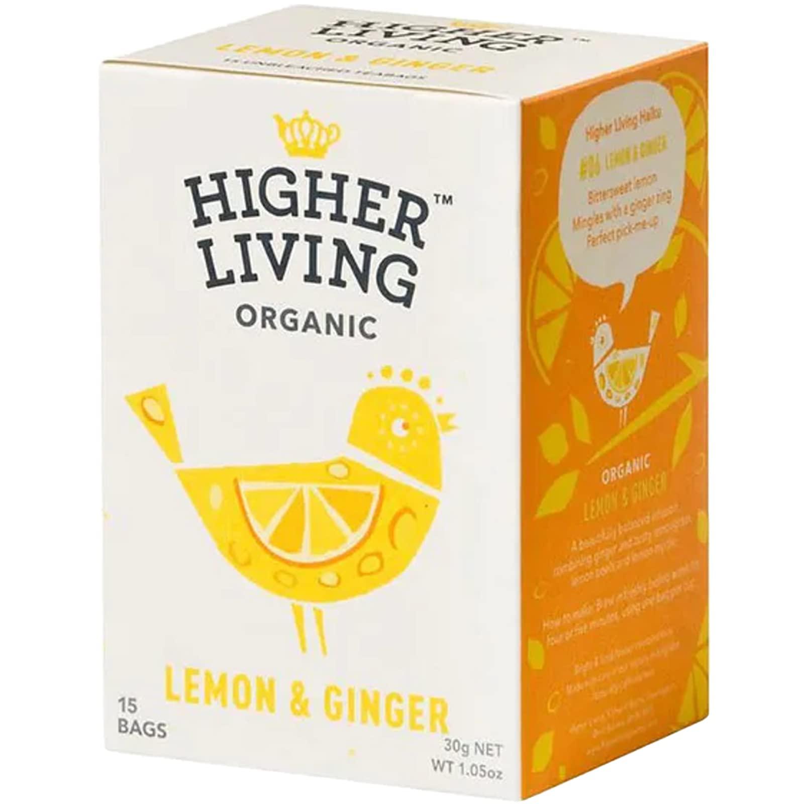 Higher Living Higher Living Organic Lemon & Ginger Herbal Tea - 15 Teabags | with Licorice Root, Lemongrass, Lemon Peel & More | Tangy & Spicy Flavor | Caffeine Free | Use as Hot or Iced Tea | 1.05oz/30g