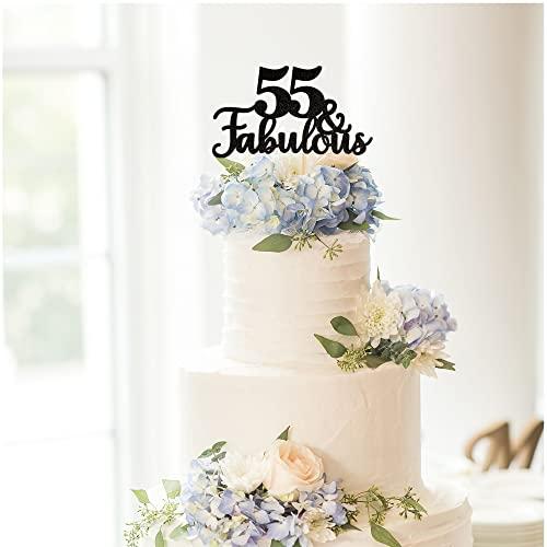 ZHUOWEISM 1 PCS 55 & Fabulous Cake Topper Glitter Fifty Five and Fabulous Cake Toppers Happy 55th Birthday Cake Pick for 55th Wedding Anniversary Birthday Party Cake Decorations Supplies Black