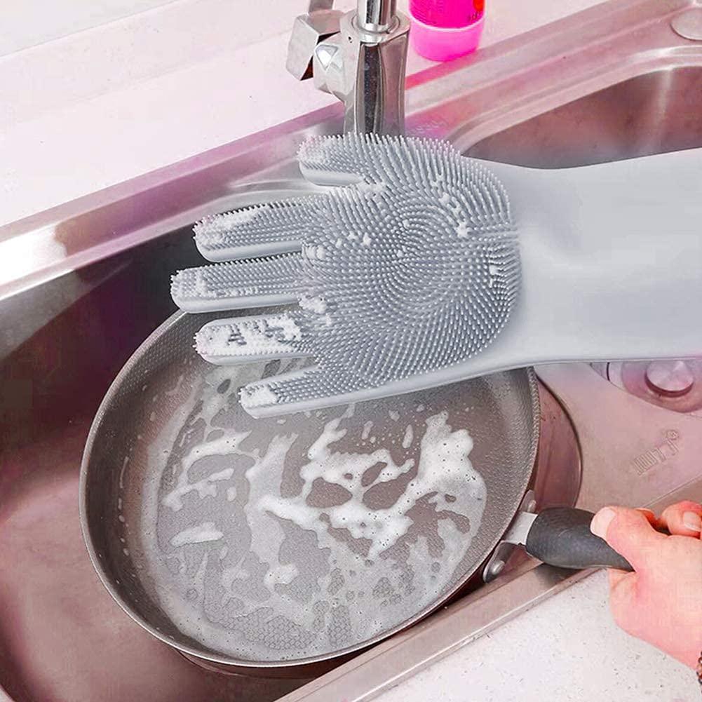 Helenhouse Dishwashing Cleaning Gloves Silicone Rubber Sponge Gloves Household Scrubber Kitchen Cleaning Tools Kitchen (Blue)