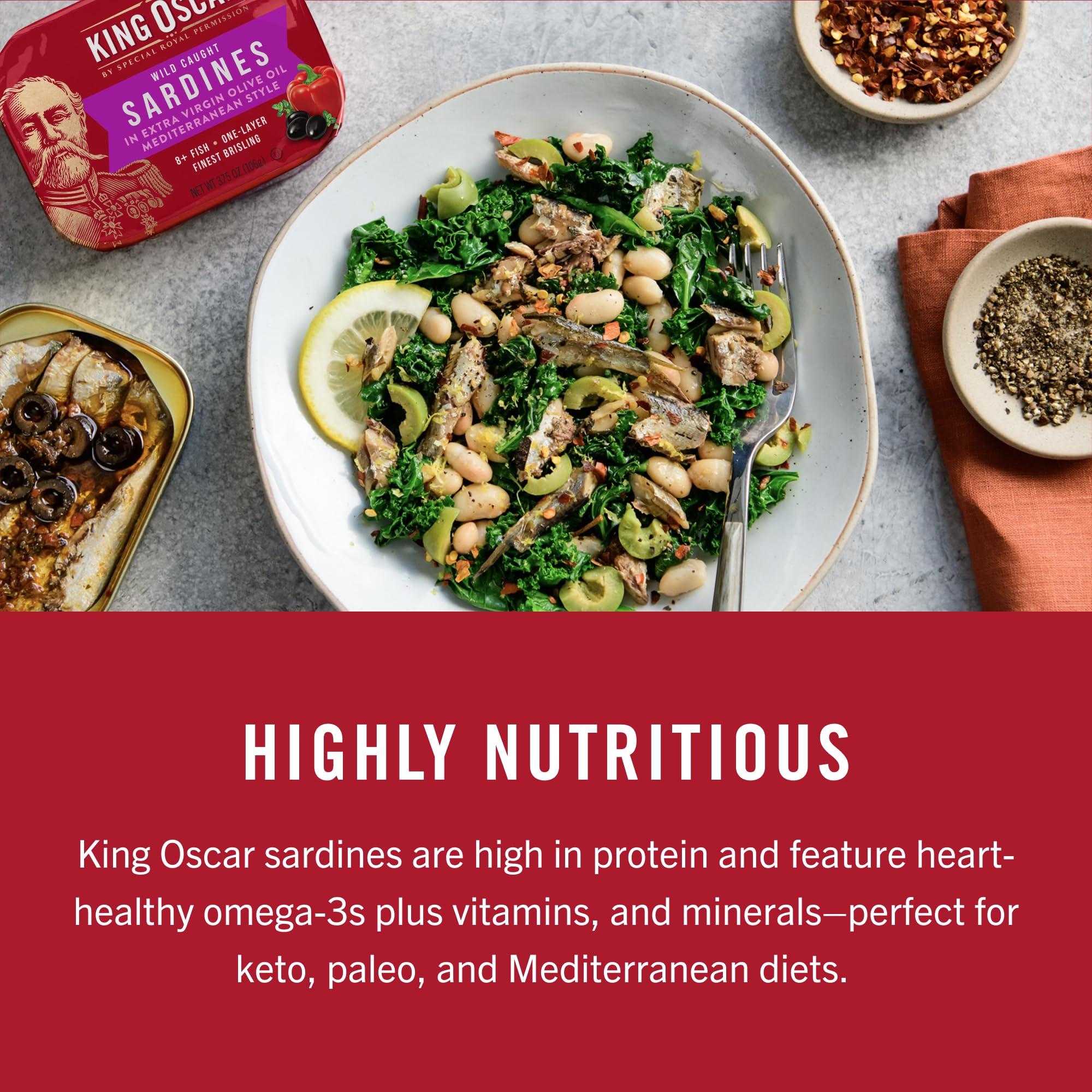 King Oscar King Oscar Premium Sardines in Extra Virgin Olive Oil, Mediterranean Style, 3.75 Ounce Cans (Pack of 12), Wild Caught Sardines
