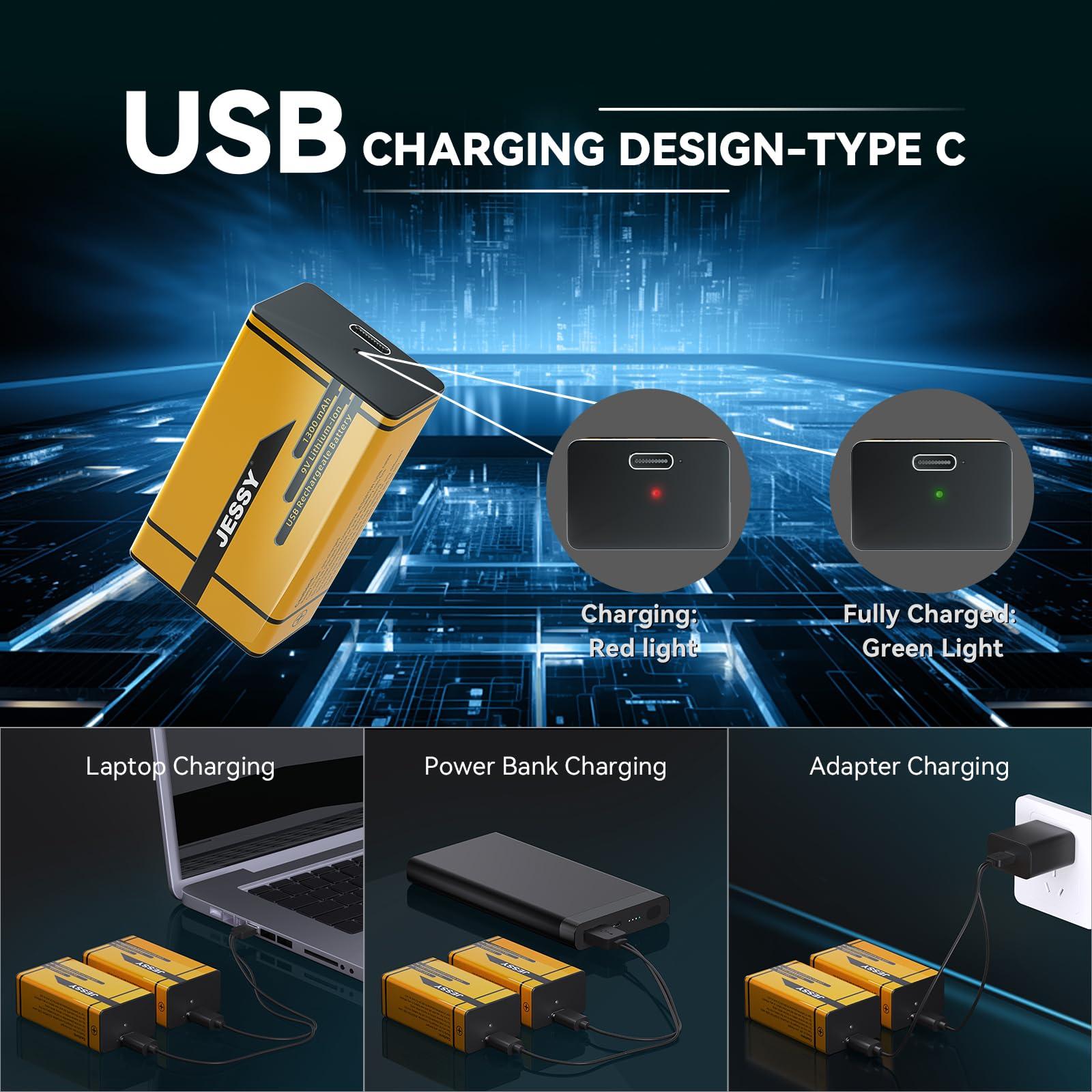 JESSY 8 Pack 9V Rechargeable Batteries USB Rechargeable, 1300mAh Long Lasting Lithium Batteries, USB-C Recharge with 4 in 1 Charging Cable for Smoke Alarms Detectors, Microphones, Alarms, Electric Guitar