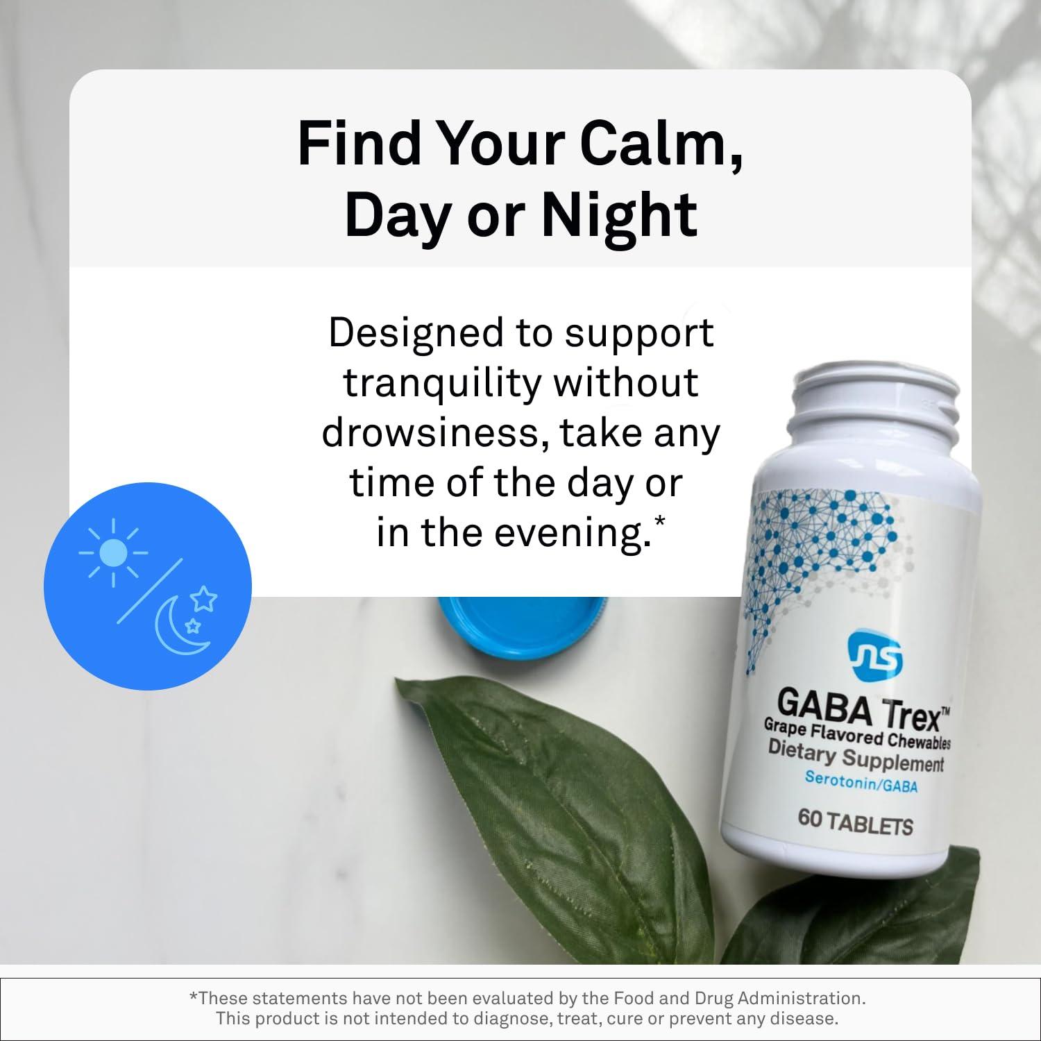 NeuroScience Neuorscience GABA Trex L Theanine Supplement - Calm Aid for Daytime Stress Support & Evening Relaxation - Chewable Grape-Flavored Tablets - Vegan & Non-GMO (60 Tablets)