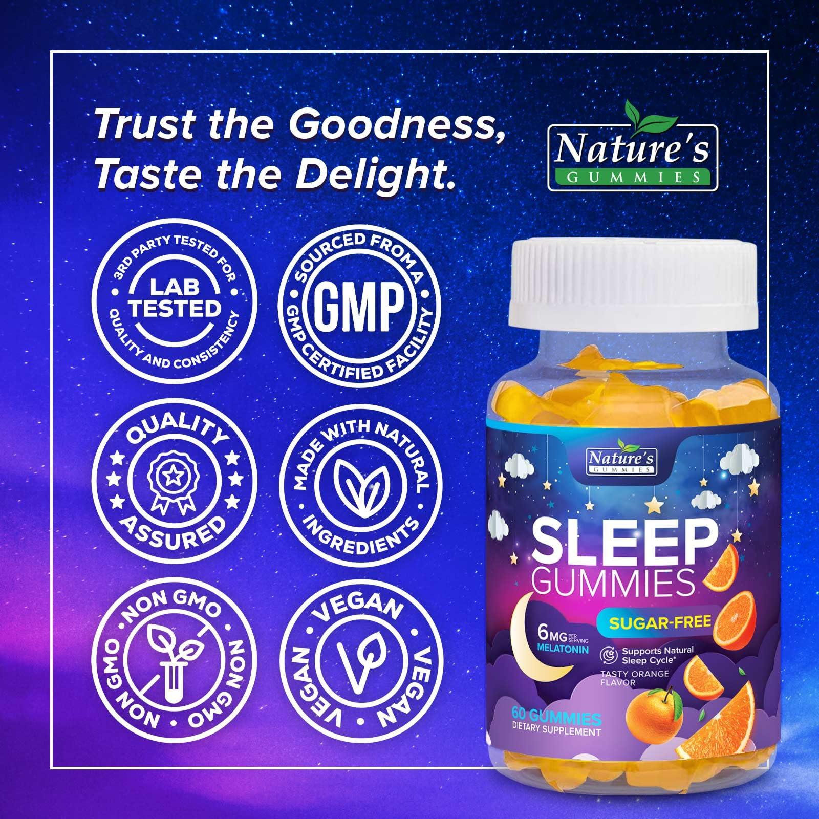Nature's Gummies Sleep Gummies for Adults 6mg - Sugar Free Extra Strength Melatonin Gummy, Natural Sleeping Gummy for Adults, Kids, Orange Flavored, Vegan, Non-GMO, Sleep Vitamin Support Supplement - 60 Gummies