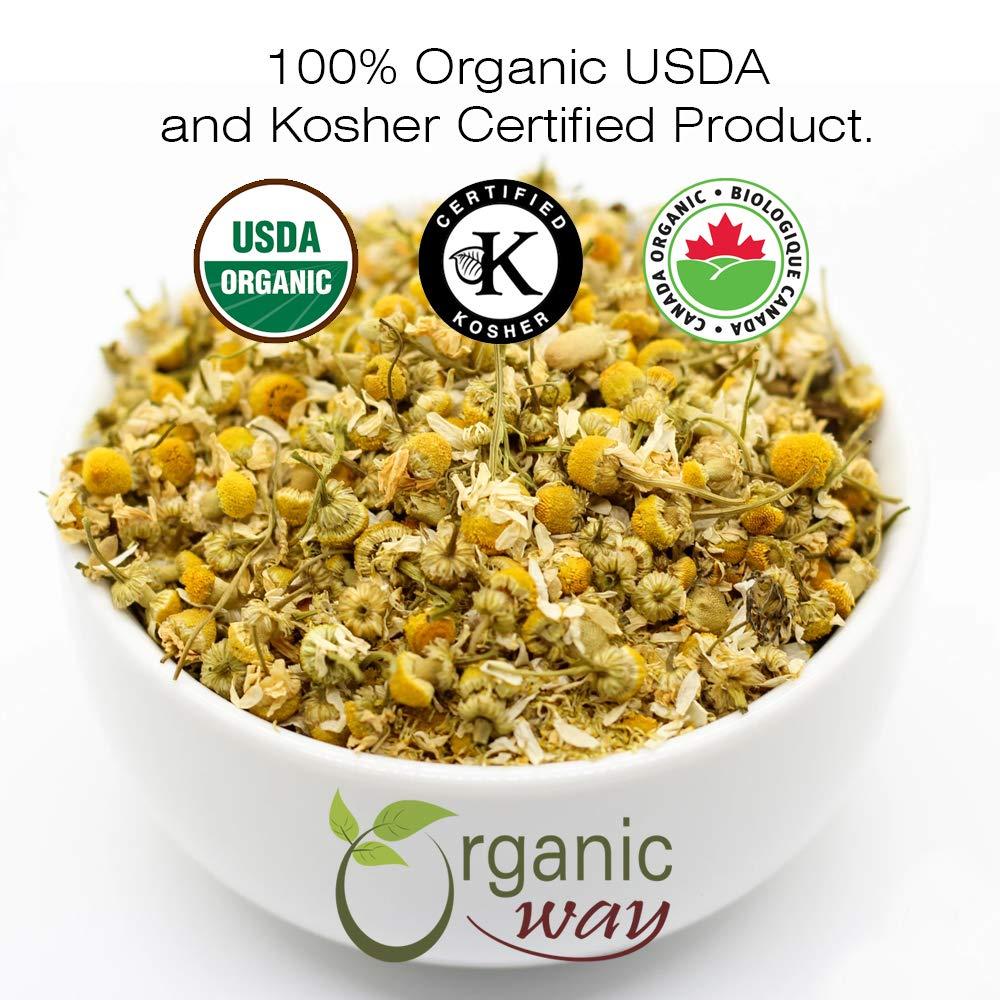 Organic Way Organic Way Chamomile Flower Whole (Matricaria chamomilla) - Herbal Tea | European Wild-Harvest | Kosher & USDA Certified | Vegan, Non-GMO & Gluten Free | 100% Raw from Albania (1/2LBS / 8Oz.)
