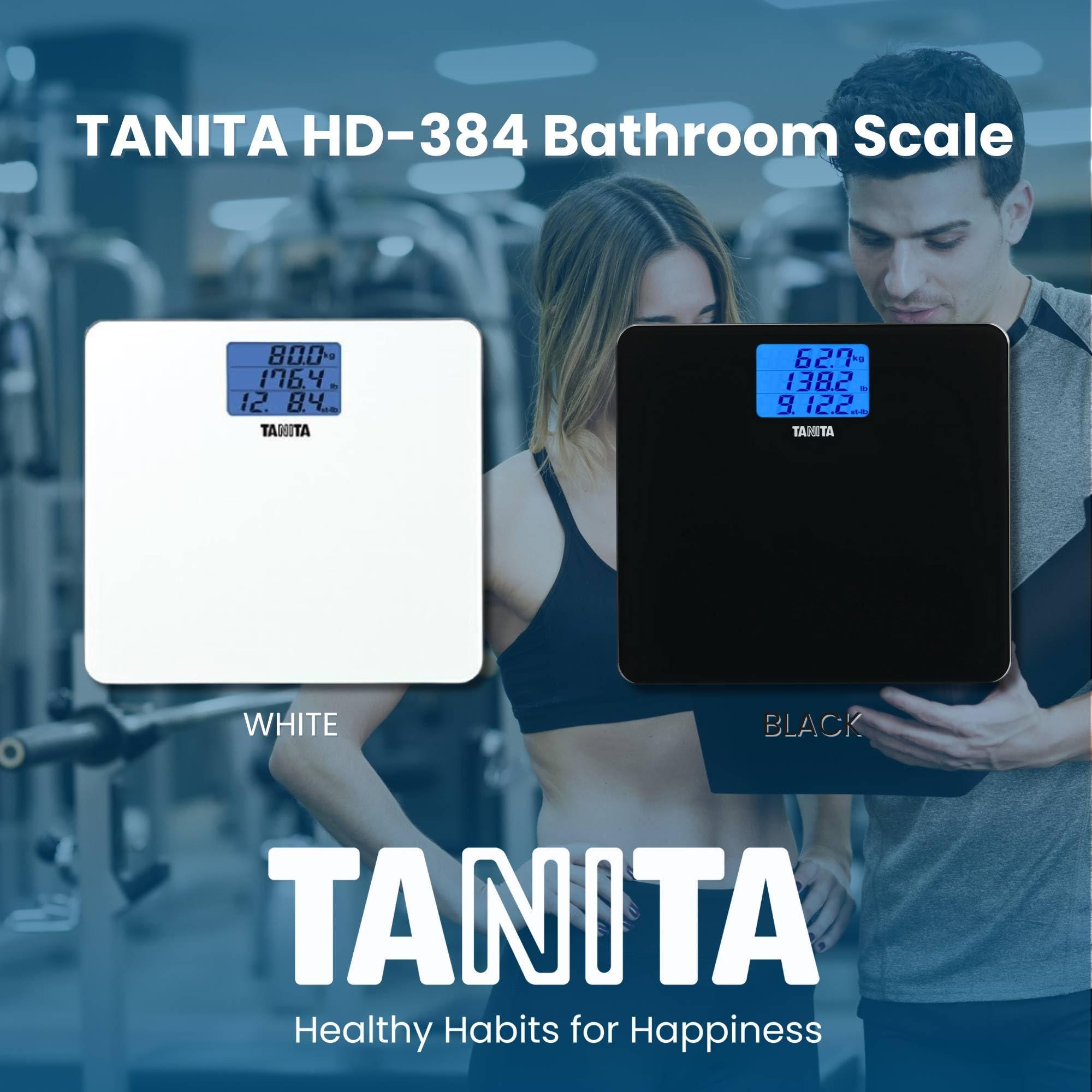 TANITA Tanita HD-384 Digital Weight Scale - 440 lbs Capacity Japan Technology Multi-Unit Display LBS, KG, Stone - Step On to Activate Bathroom Scale - with Blue Backlit LCD Display & Tempered Glass (White)