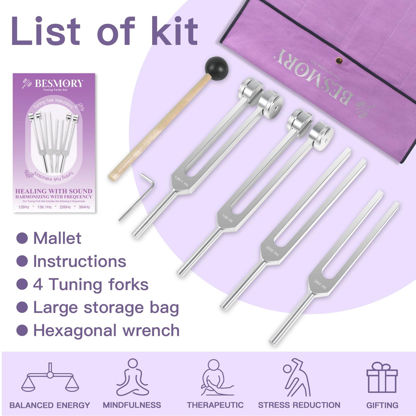 BESMORY Tuning Forks for Healing Set (128HZ, 136.1HZ, 256HZ, 384HZ), Tuning Fork with Reflex Hammer 4-Piece Set for Chakras/Sound Therapy/Healing/Medicine, A Good Gift for Women, Meditation Beginner (Silvery)