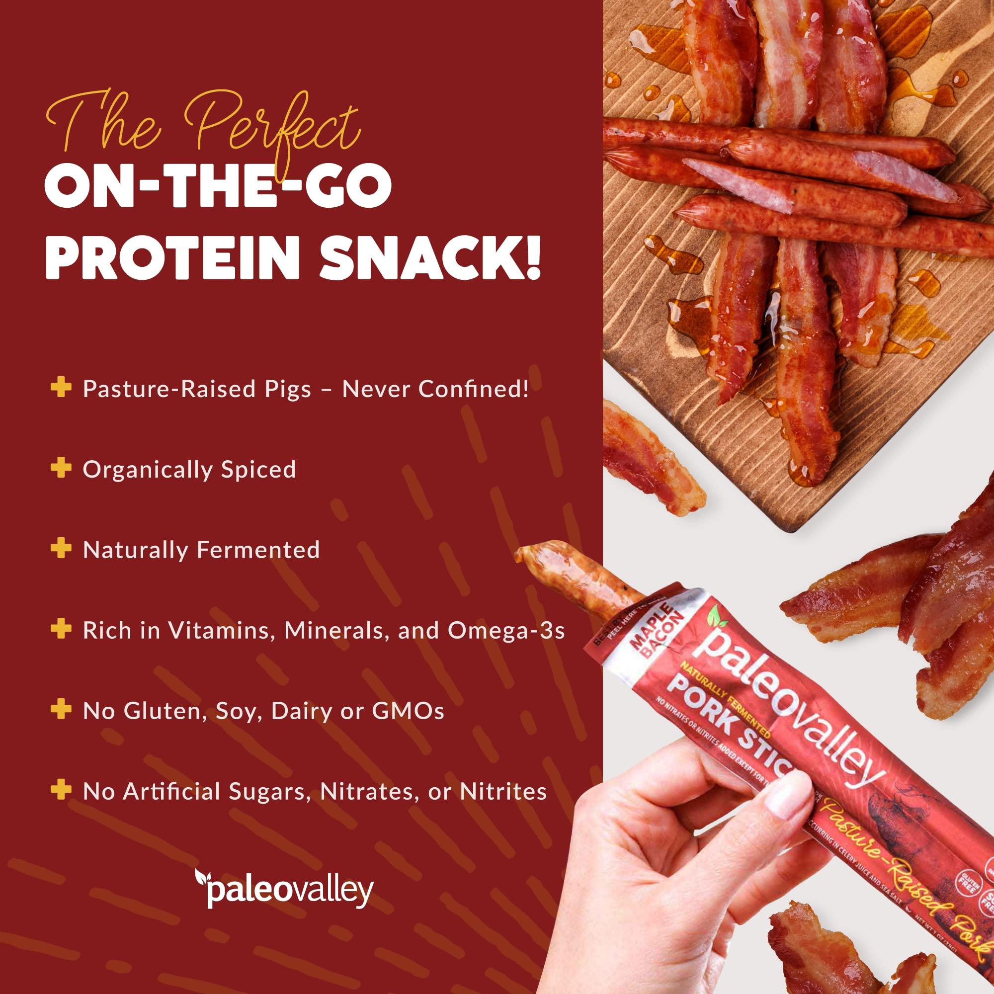 Paleovalley Paleovalley Pasture-Raised Pork Sticks - Maple Bacon Flavor Meat Sticks Individually Wrapped, 28g - 10 Sticks - Gluten-Free Protein Snack
