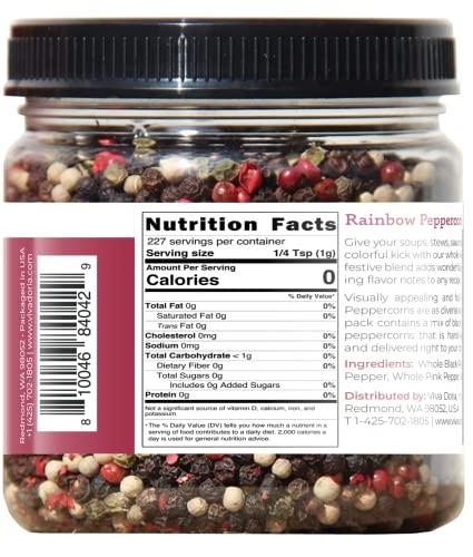 Viva Doria Viva Doria Rainbow Blend Peppercorn, Steam Sterilized Whole Black Pepper, Whole Green Pepper, Whole Pink Pepper, Whole White Pepper, 8 Oz, For Grinder Refills