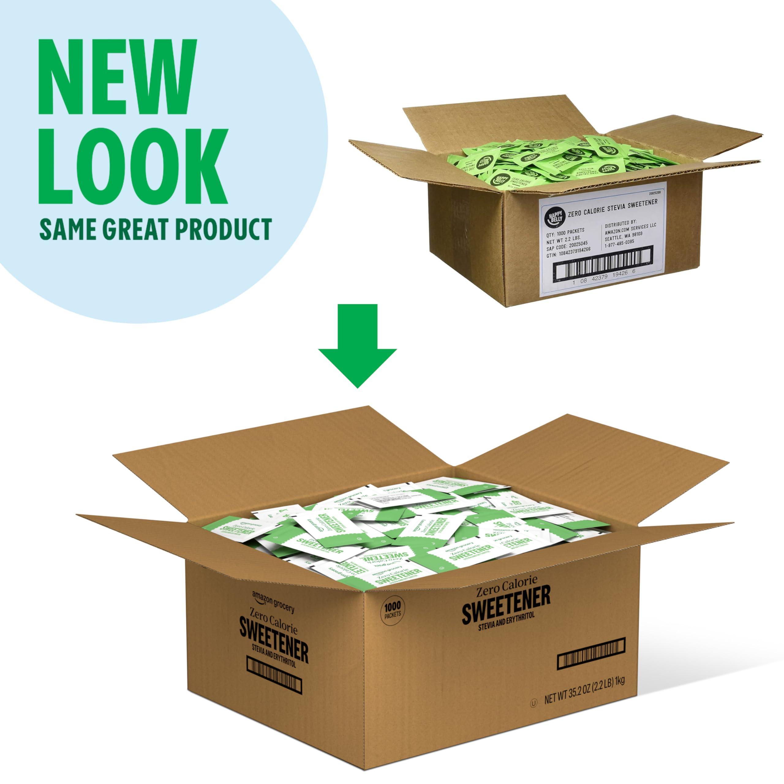 Happy Belly Amazon Brand - Happy Belly Zero Calorie Stevia Sweetener powder Packet, 1000 Count, 2.2 pound (Pack of 1)