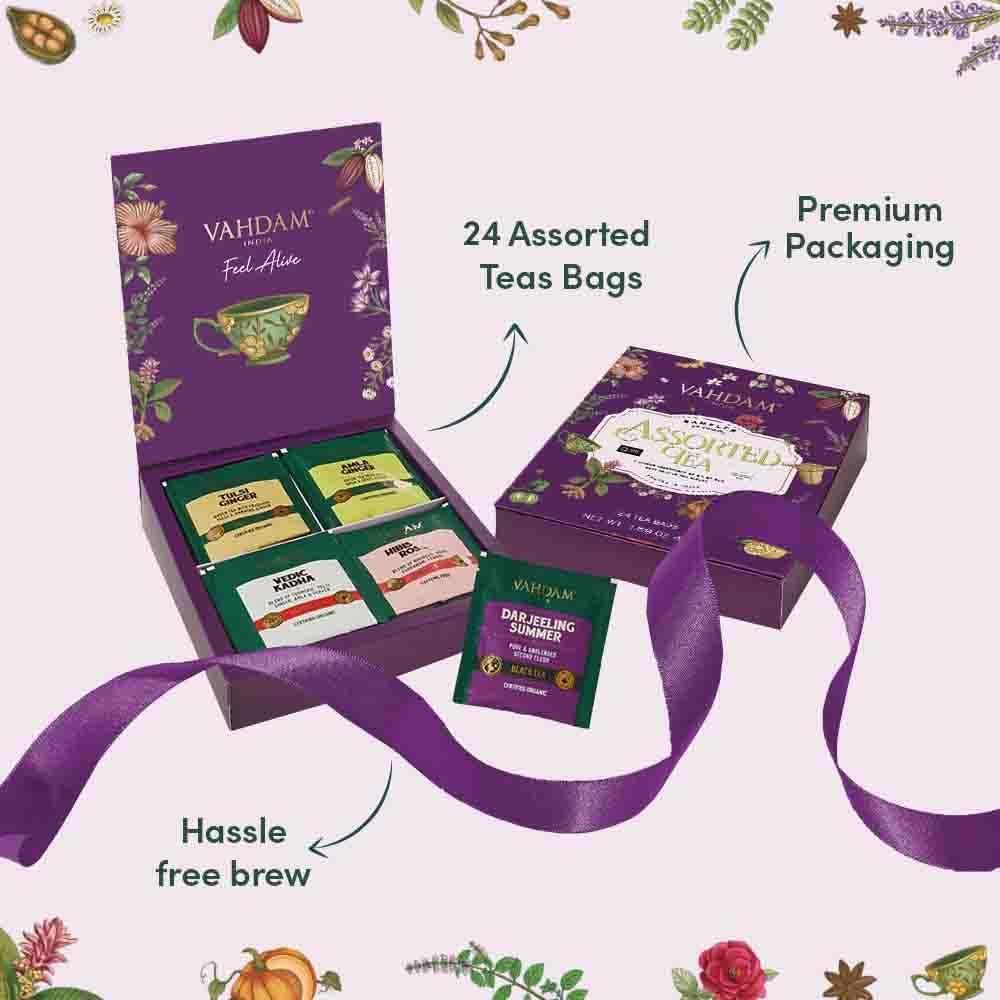 VAHDAM VAHDAM, Assorted Valentines Day Tea Gift Set | Classic Valentine Day Gift Box - 24 Unique Flavor in Individually Wrapped Pyramid Tea Bags | Valentines Day Gifts for Women & Men