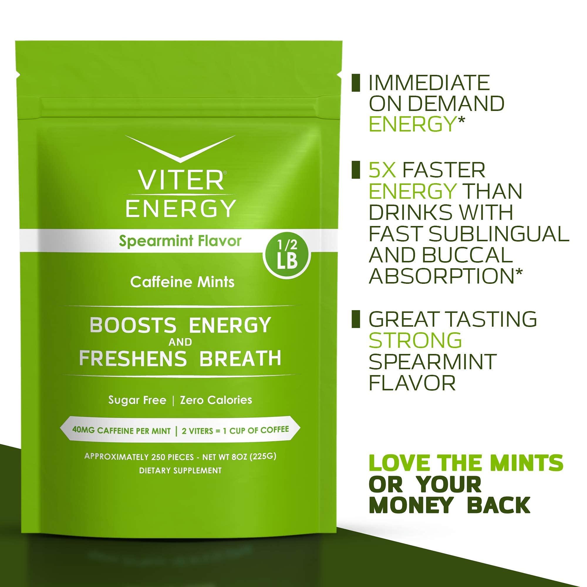 Viter Energy Viter Energy Original Caffeine Mints Spearmint Flavor 6 Pack and 1/2 Pound Bulk Bag Bundle - 40mg Caffeine, B Vitamins, Sugar Free, Vegan, Powerful Energy Booster for Focus and Alertness