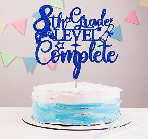 RLXPT 8th Grade Grad Cake Topper, Next Stop High School, Out Middle School Cake Decorations, 2024 Graduation Party Decorations Blue Glitter