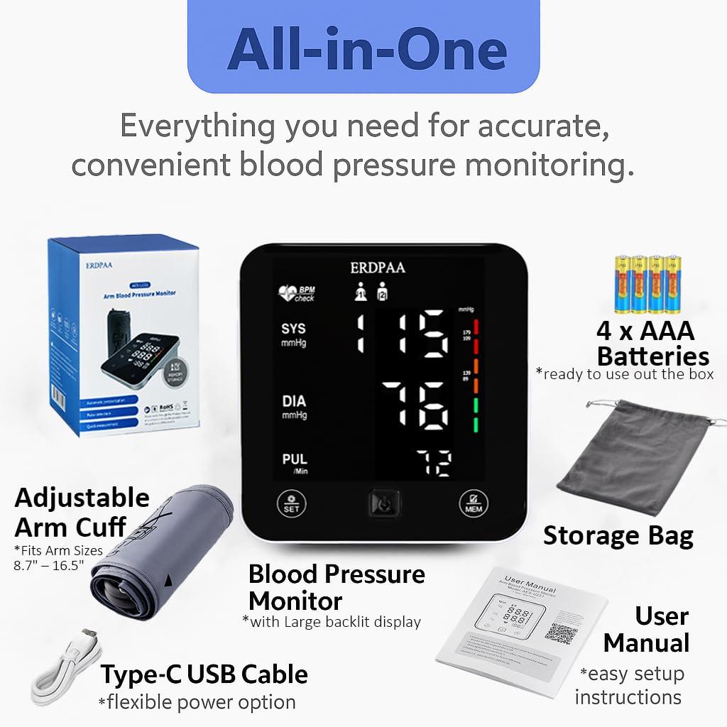 ERDPAA Blood Pressure Monitor,Smart Upper Arm Blood Pressure Monitors for Home Use with XL Pressure Cuff,Digital Blood Pressure Machine, Automatic Electric BP Machine with Large Cuff