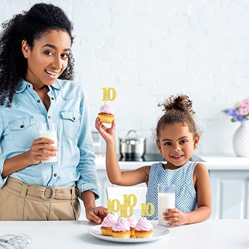 ZHUOWEISM 30 PCS Number 10 Cupcake Toppers Glitter Cheers to 10 years Old Birthday Cupcake Picks 10th Birthday Wedding Anniversary Party Cake Decorations Supplies Gold