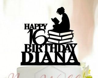 snzazhe Girl Reading Book Cake Topper,Custom Happy Birthday Cake Topper,Personalized Name Age Cake Topper,Book Cake Topper,Gift for her,Silhouette Cake Topper for Wedding/Engagement/Marriage Party.