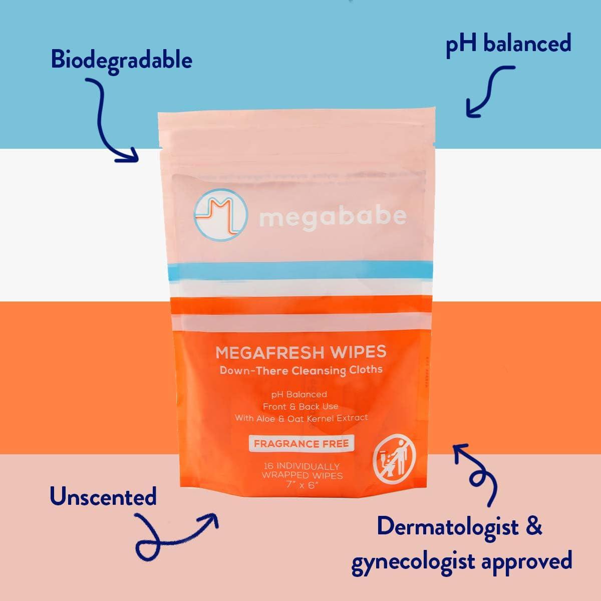 Megababe Megababe Megafresh Wipes | Unscented Cleansing Wipes for the Intimate Area | pH Balanced, Front & Back Use | 16 Individually Wrapped Wipes (Pack of 1)