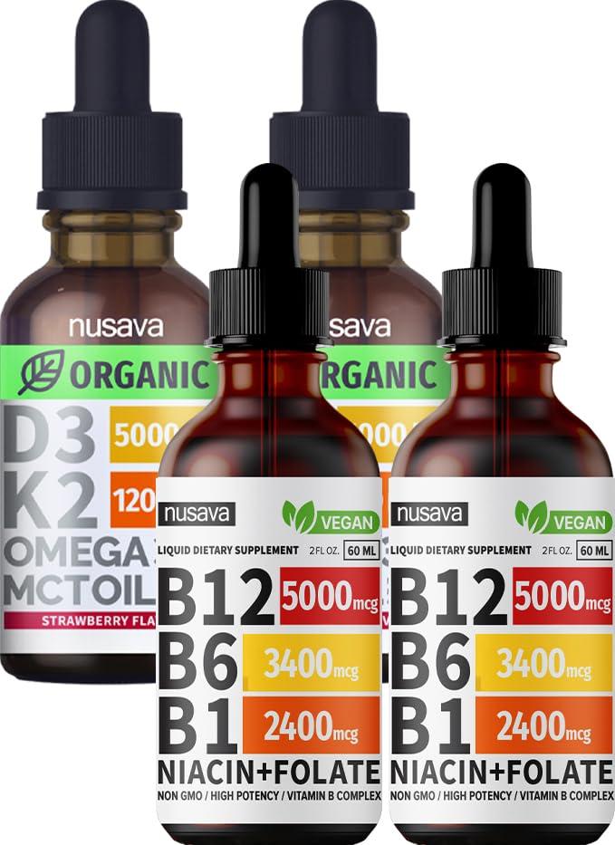 NUSAVA NUSAVA Vitamin B12 Liquid Drops and Strawberry Flavored D3 K2 Bundle - Potent Liquid Vitamins for Heart, Joint, Energy, & Immune Support - Non-GMO, Gluten-Free, 2pk Each