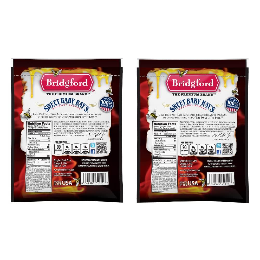 Bridgford Bridgford Sweet Baby Rays Beef Jerky Honey BBQ 3.25 oz Pack of 2 - High Protein Jerky for Midday Energy Boost or Post Workout Snack - Naturally Smoked Ready-to-Eat Meat Snacks for On the Go Snacking