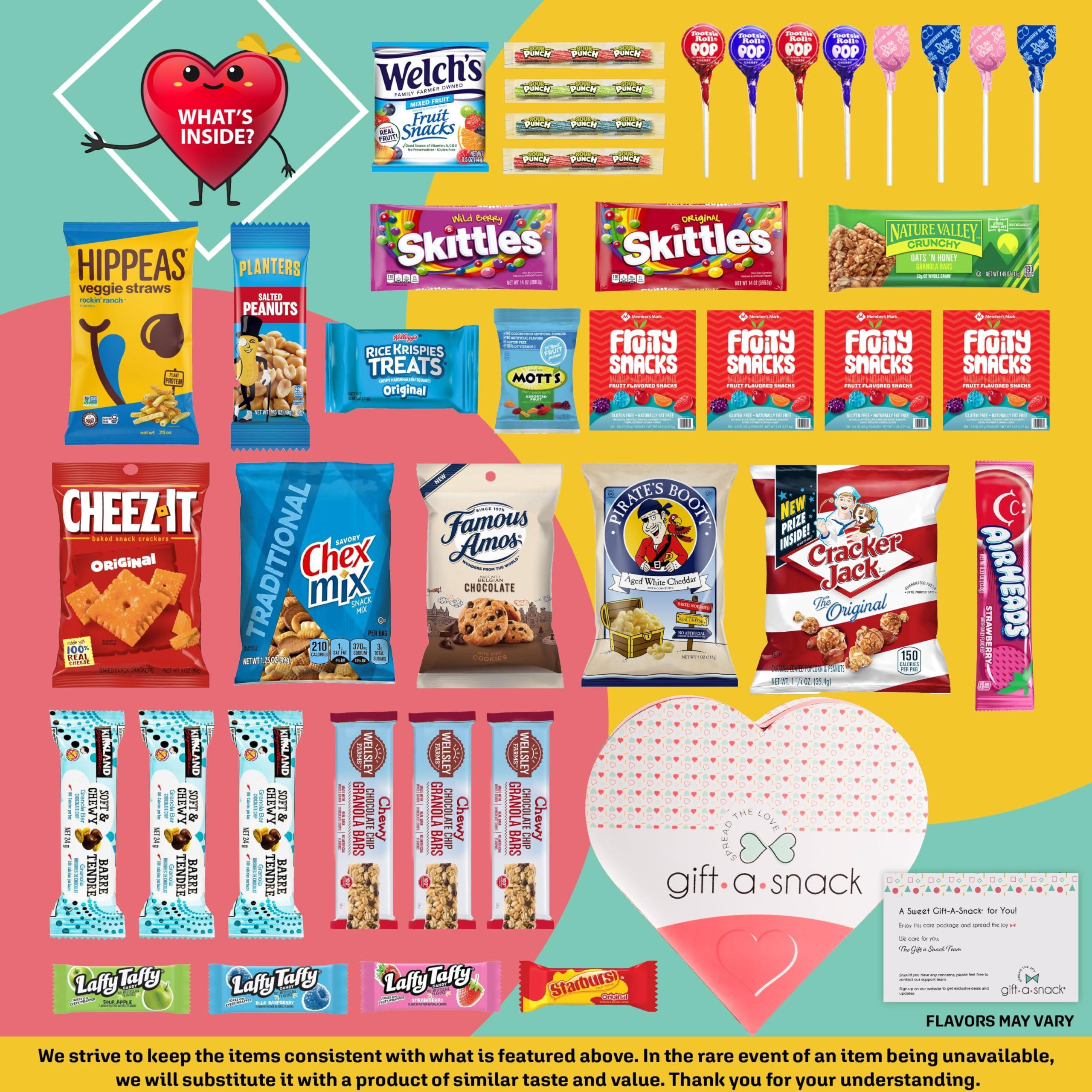 Nut Cravings Gift A Snack - Heart Shape Snack Box Variety Pack Care Package + Greeting Card (40 Count) Birthday Sweet Treats Gift Basket, Candies Chips -