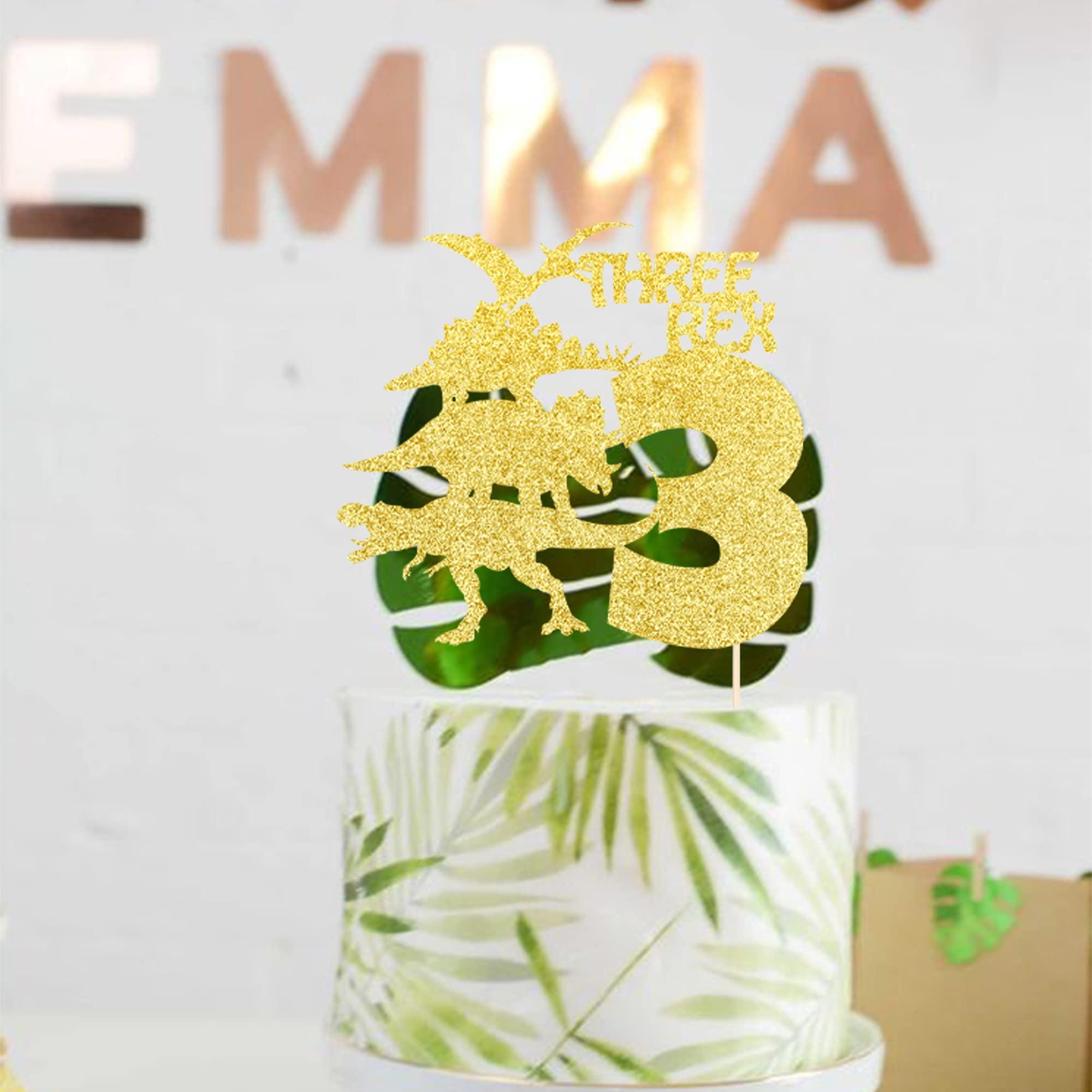 ZHUOWEISM 1 PCS Three Rex Birthday Cake Topper with Glitter Dinosaur 3rd Birthday Cake Pick Baby Shower 3rd Birthday Dinosaur Theme Party Decorations Supplies Gold