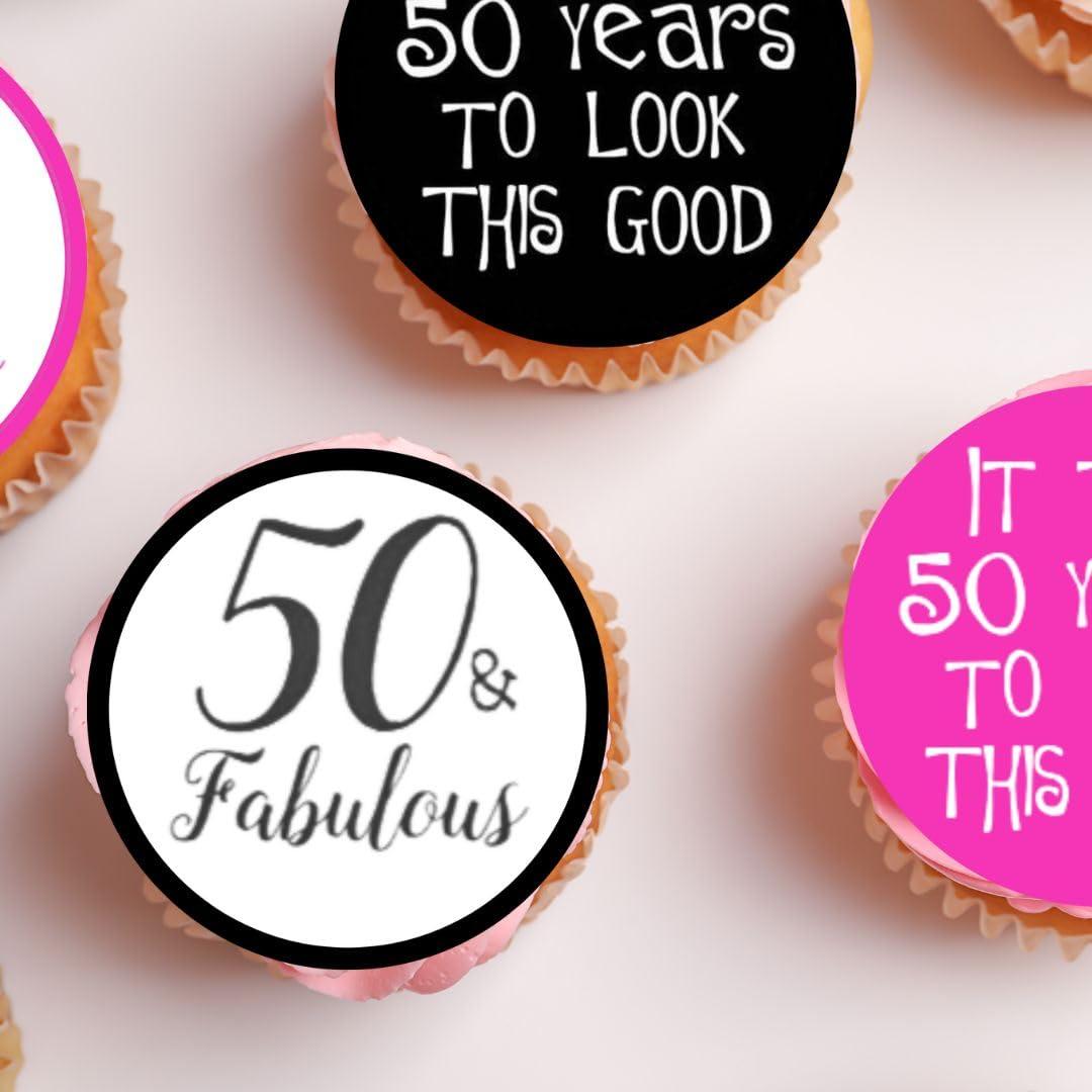 Cian's Cupcake Toppers Ltd 50th Birthday Edible Cupcake Toppers, Pink 50 & Fabulous Cake Decorations - 24 x 1.5 Inch 4cm Uncut