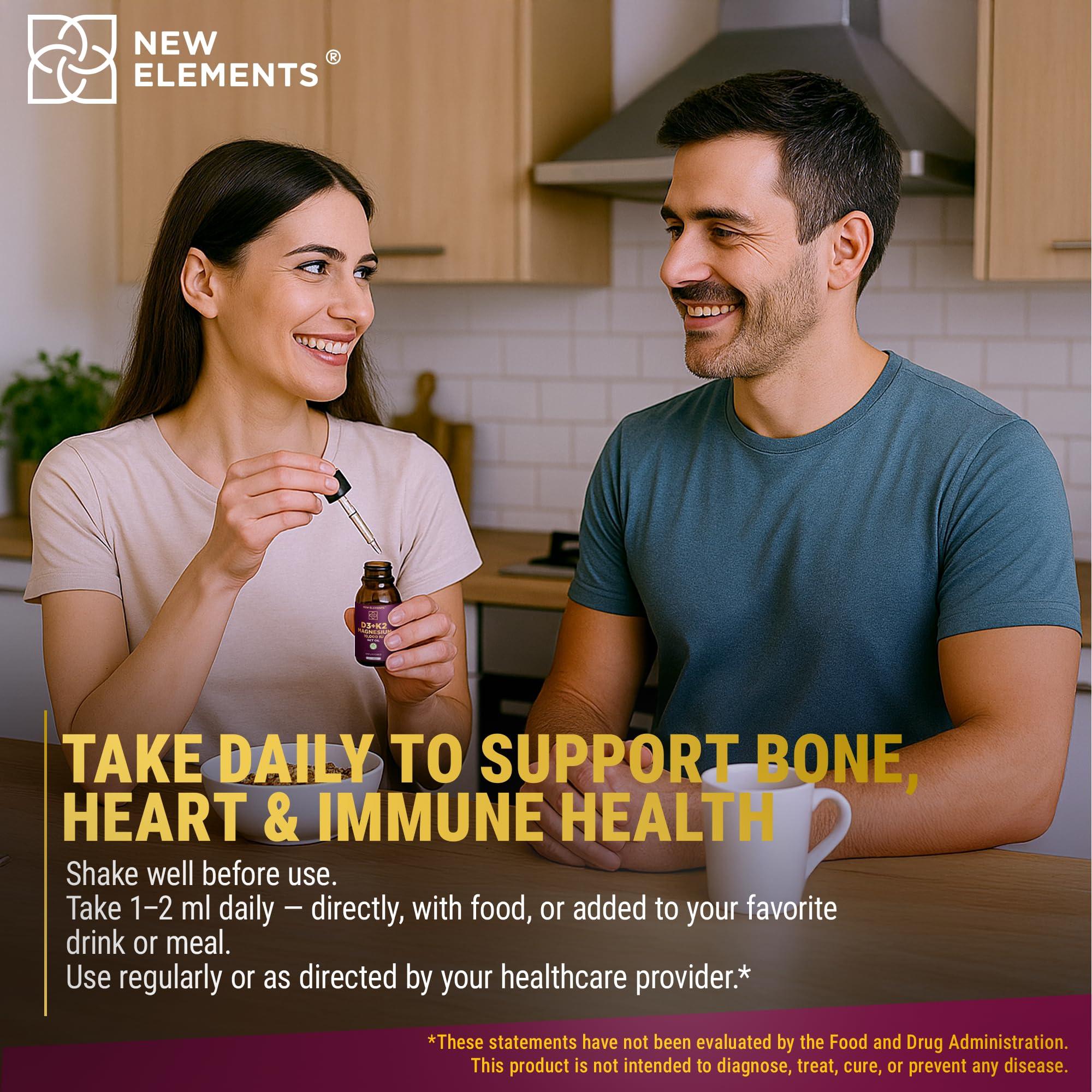 New Elements Liquid Vitamin D3 K2 10000IU with Magnesium Glycinate 5mg | VIT D3 K2 Drops for Adults | Mk7 Vitamin K2 100mcg | Vitamin D3 + K2 Supplement for Men & Women | Gluten Free | Non-GMO