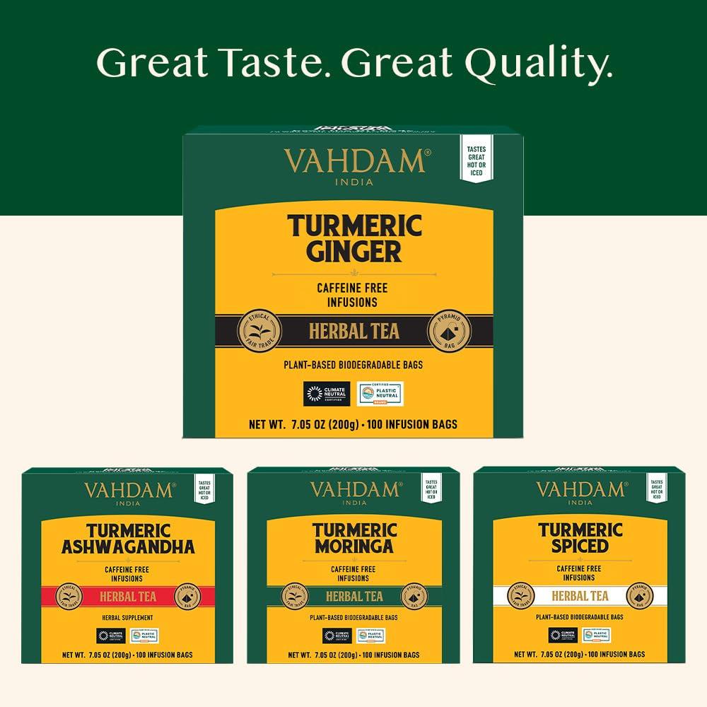VAHDAM VAHDAM, Turmeric Ginger Herbal Tea Bags (100 Pyramid Tea Bags) Caffeine Free, Non GMO, Gluten Free | 100% Pure Herbal Blend - Savory & Spicy | Plant-Based Tea Bags | Resealable Ziplock Pouch