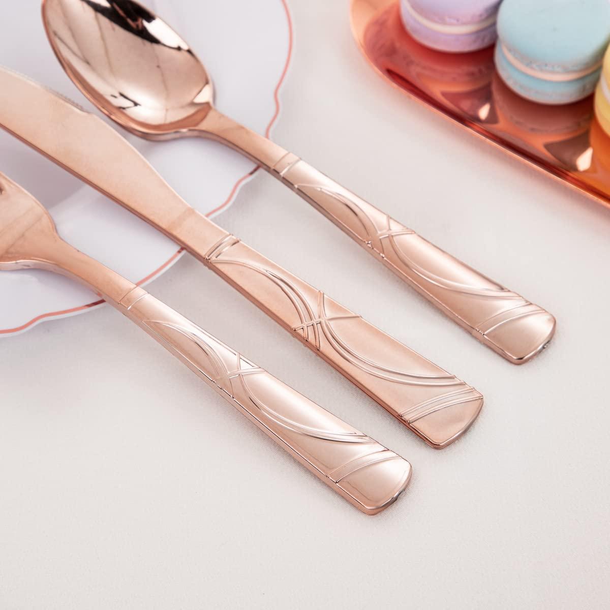 WELLIFE WELLIFE 350 PCS Rose Gold Square Plastic Plates, Disposable Rose Gold Dinnerware, Includes: 50 Dinner Plates10.25, 50 Dessert Plates7.5, 50 Cups 9 OZ, 50 Pre Rolled Napkins with Cutlery