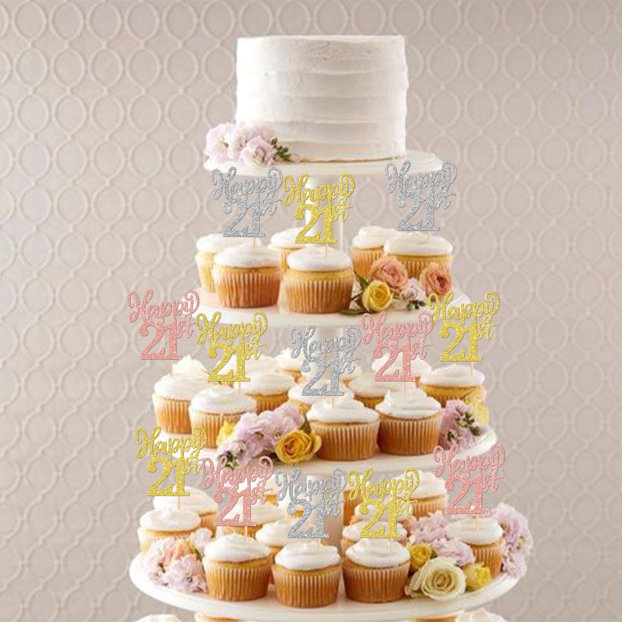 ZHUOWEISM 24PCS Happy 21st Cupcake Toppers Gold Rose Gold Silver Glitter Twenty One Cheers to 21 Years Number 21 Birthday Cupcake Picks for Happy 21st Birthday Wedding Anniversary Party Cake Decorations