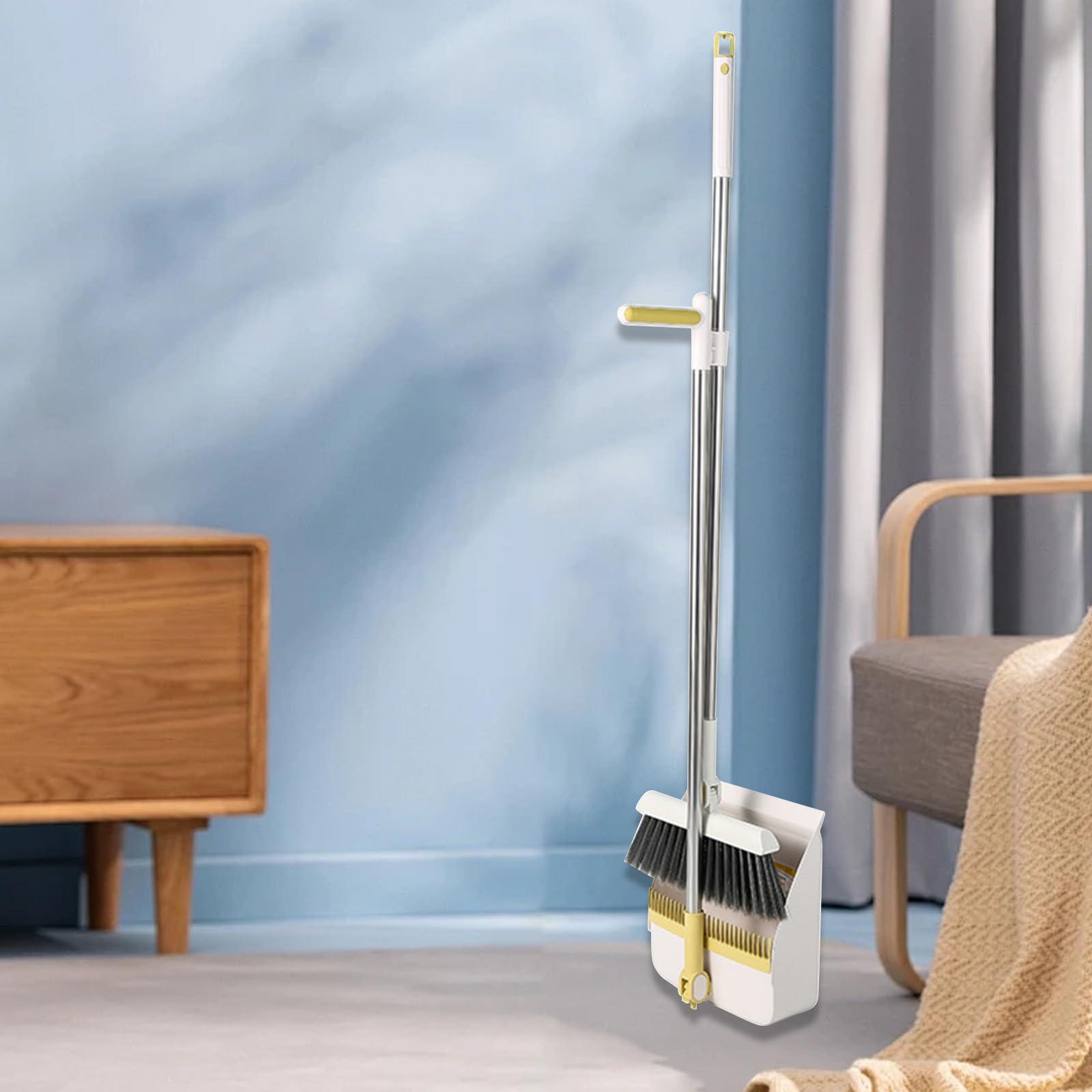 CENGNIAN Brooms for Sweeping Indoor 180 Degree Rotatable Standing Storage Buckle Type Brooms and Dustpan Set with Scraping Teeth and Scraper Deep Cleaning Suitable for Home