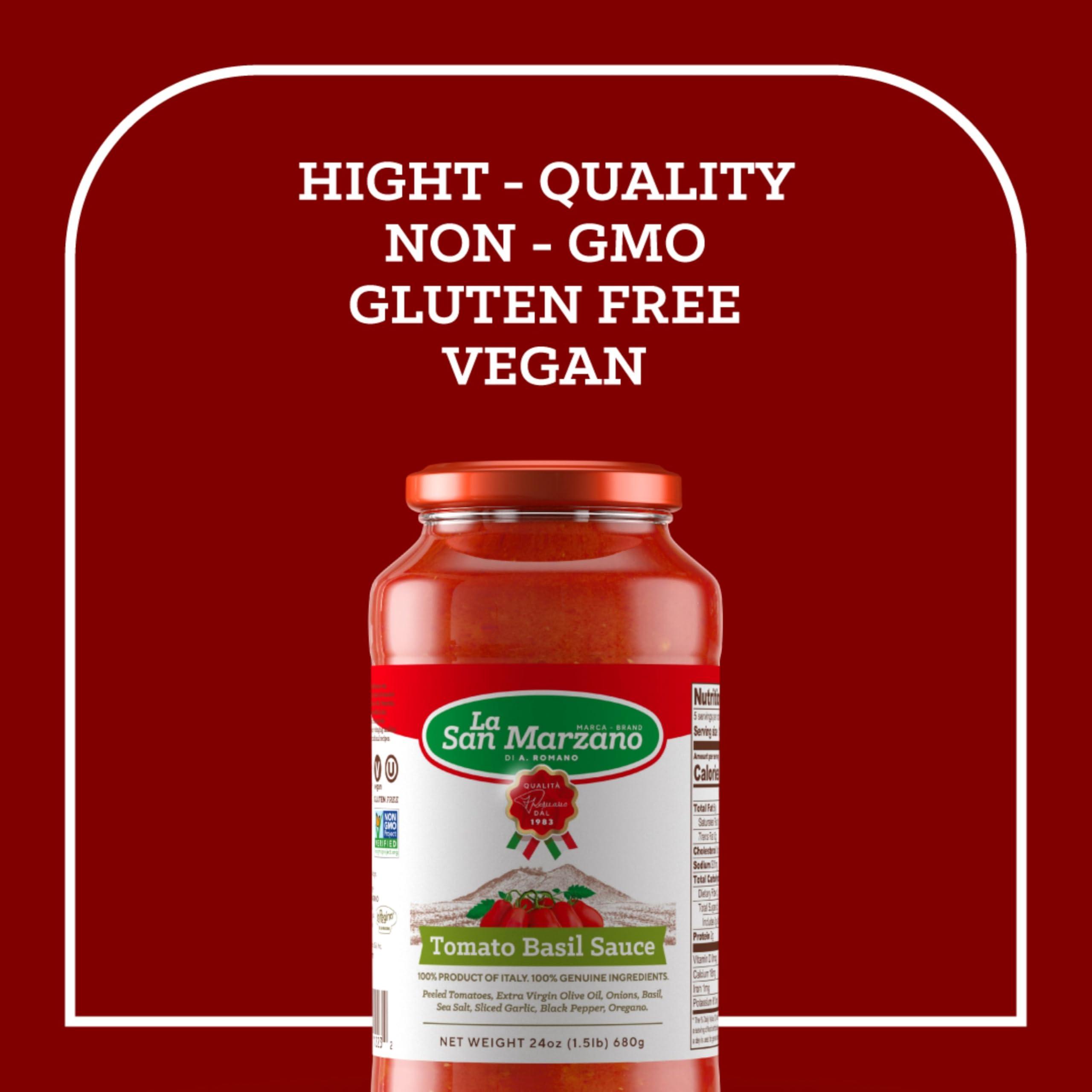 LA SAN MARZANO DI A. ROMANO MARCA BRANDROMANO La San Marzano - Tomato Basil Sauce - Pasta Sauce with 100% Italian Tomatoes Made in Italy - Peeled Tomatoes with Fresh and Natural Ingredients Non GMO Tomatoes, Vegan, Gluten Free, Kosher, Mediterranean Diet 24 Ounce Jar