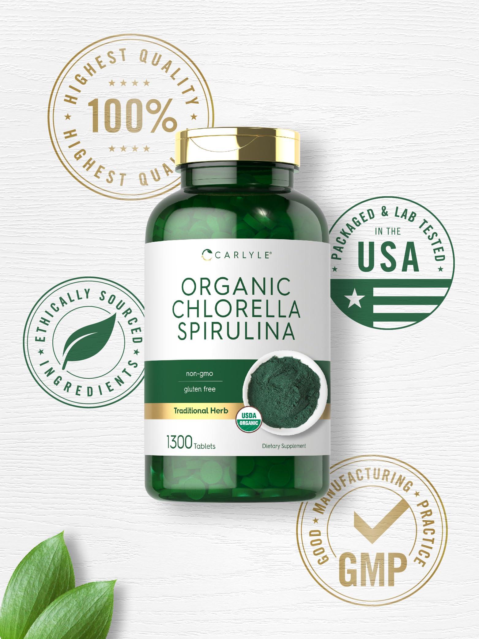 Carlyle Carlyle Organic Chlorella Spirulina Tablets | 1300 Count | 50/50 Blend | Non-GMO and Gluten Free Supplement