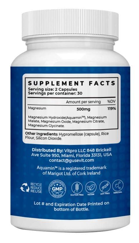 Gusevit 5-in-1 Gusevit Magnesium Complex, Aquamin Magnesium Hydroxide, Malate, Oxide, Citrate, Glycinate, 60 Capsules, 30 Days Supply,