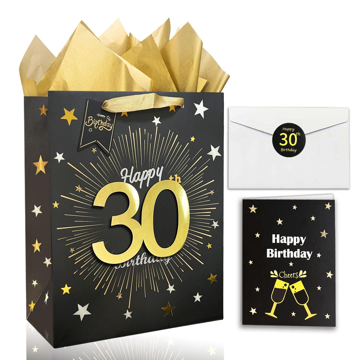 Yitla Yitla 30th birthday gift bag for men,13\" Black Happy 30th Birthday Gift Bag with Card and Tissue Paper for Men Women 30th Birthday Party Supplies (30th Happy Birthday)