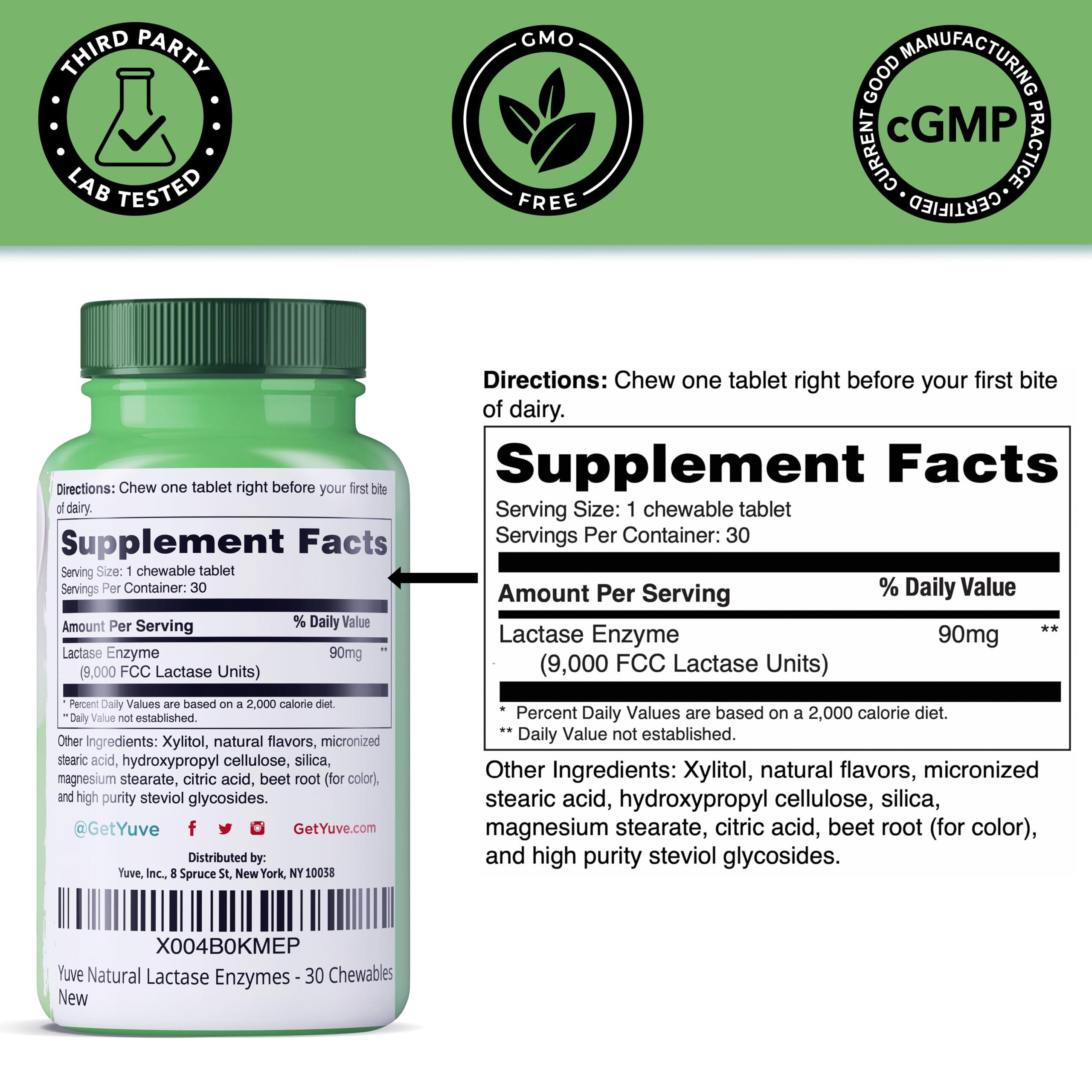 Yuve Fast Acting Dairy Relief Chewables - Natural Lactase Enzyme 9000 FCC - Say Goodbye to Dairy Discomfort - Dairy Pills for Lactose Intolerance Pills Chewable - Delicious Strawberry Cream Flavor - 30ct