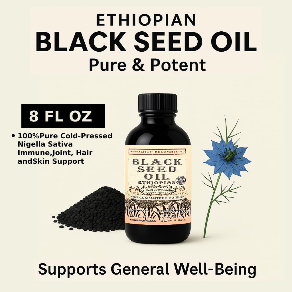 Herbal Organic Works Black Seed Oil 8oz. 100% Ethiopian Pure Black Cumin Seed Oil, 100% Natural Nigella Sativa. 3 Times More Thymoquinone, Cold Pressed in Glass Bottle