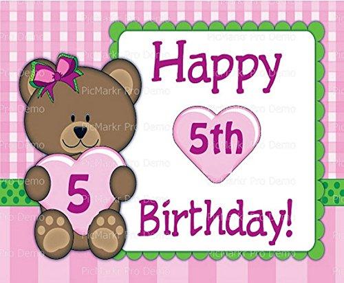 Art of Eric Gunty 1/8 Sheet - Pink Happy 5th Birthday Teddybear - Edible Cake/Cupcake Party Topper - D21681