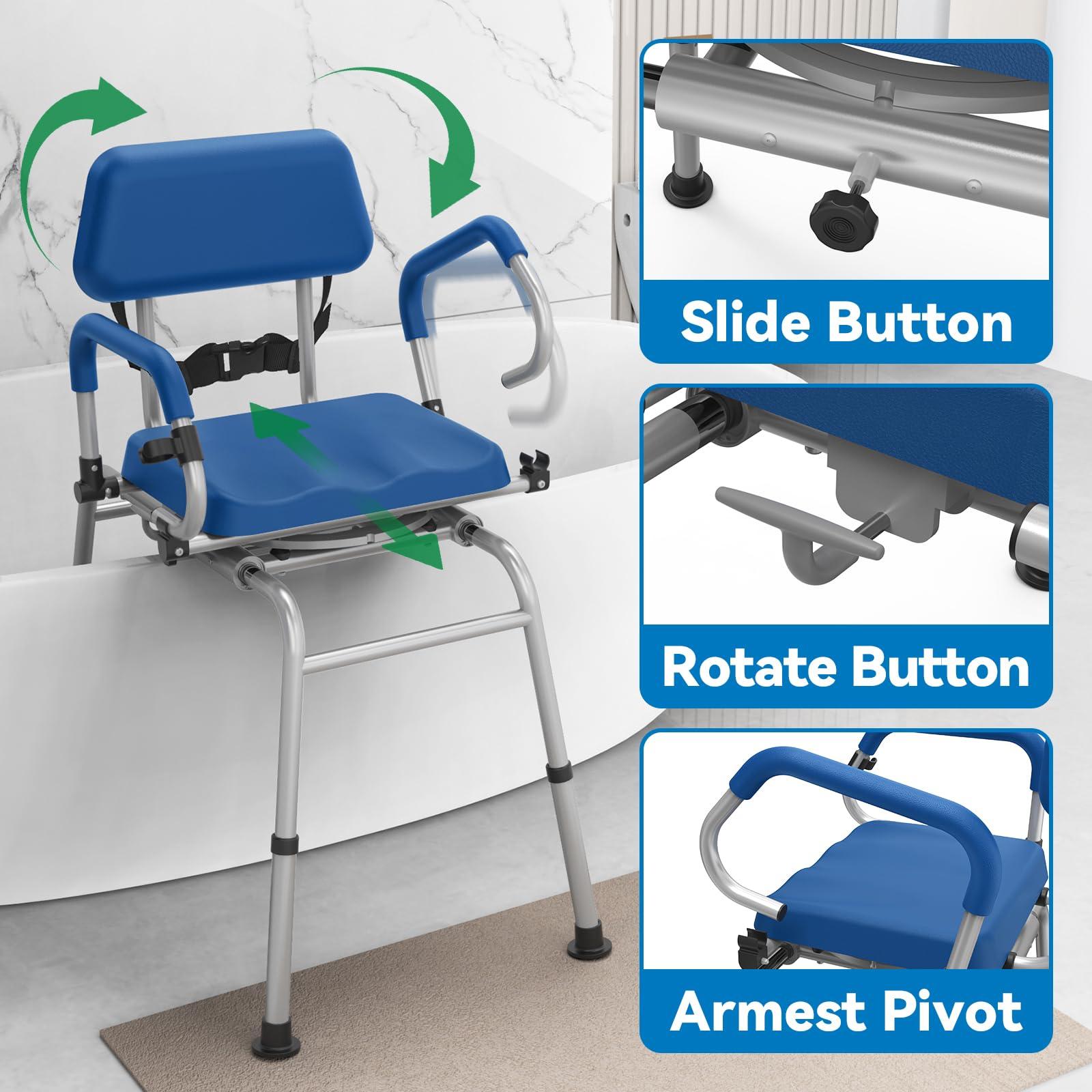 Loyoda Loyoda FSA/HSA Eligible Sliding Shower Chair Tub Transfer Bench with Swivel Seat, Padded Tub Bench with Pivoting Arms, Adjustable Height Shower Chair Inside Shower, 350lb, Blue, Larger