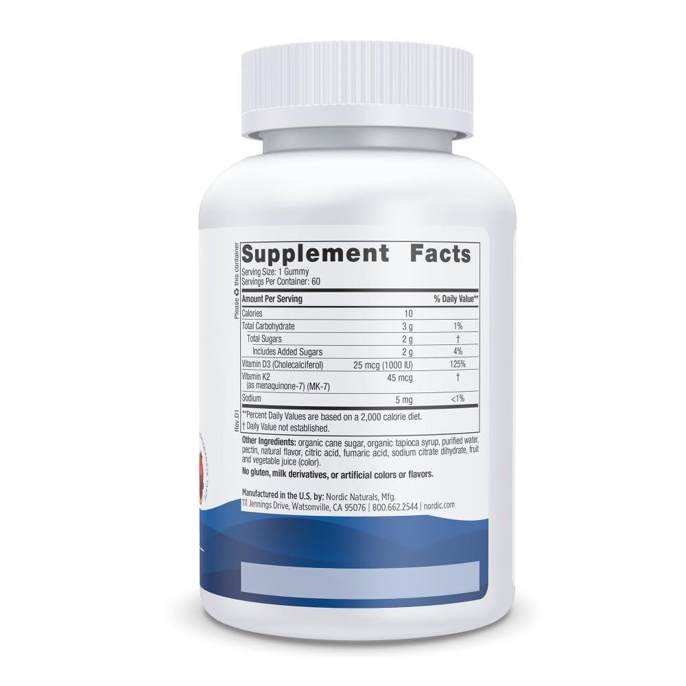 Nordic Naturals Nordic Naturals Vitamin D3 + K2 Gummies, Pomegranate - 60 Gummies - 1000 IU Vitamin D3 + 45 mcg K2 - Great Taste - Bone Health, Promotes Healthy Muscle Function - Non-GMO - 60 Servings