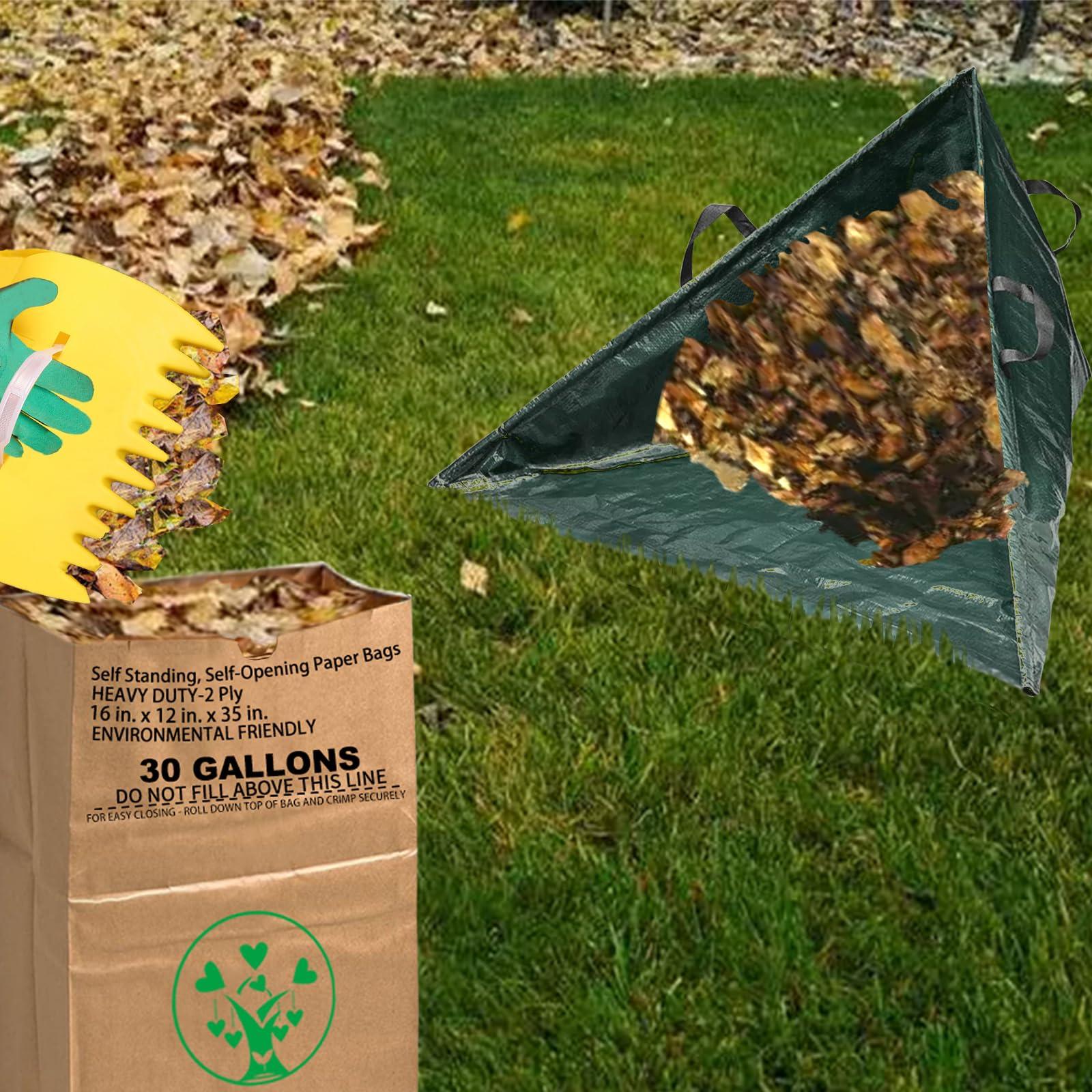 AimGrowth AimGrowth Leaf Collector Tripod Bag and Lawn Leaf bag Kit with leaf scoops | 10 Count 30 Gallon 2-Ply Heavy Duty Self Standing Kraft Paper Bags Yard Waste Bag for Grass Clippings Wet Dry Leaves