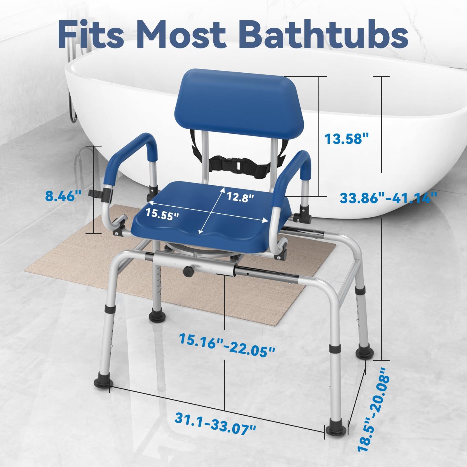 Loyoda Loyoda FSA/HSA Eligible Sliding Shower Chair Tub Transfer Bench with Swivel Seat, Padded Tub Bench with Pivoting Arms, Adjustable Height Shower Chair Inside Shower, 350lb, Blue, Larger