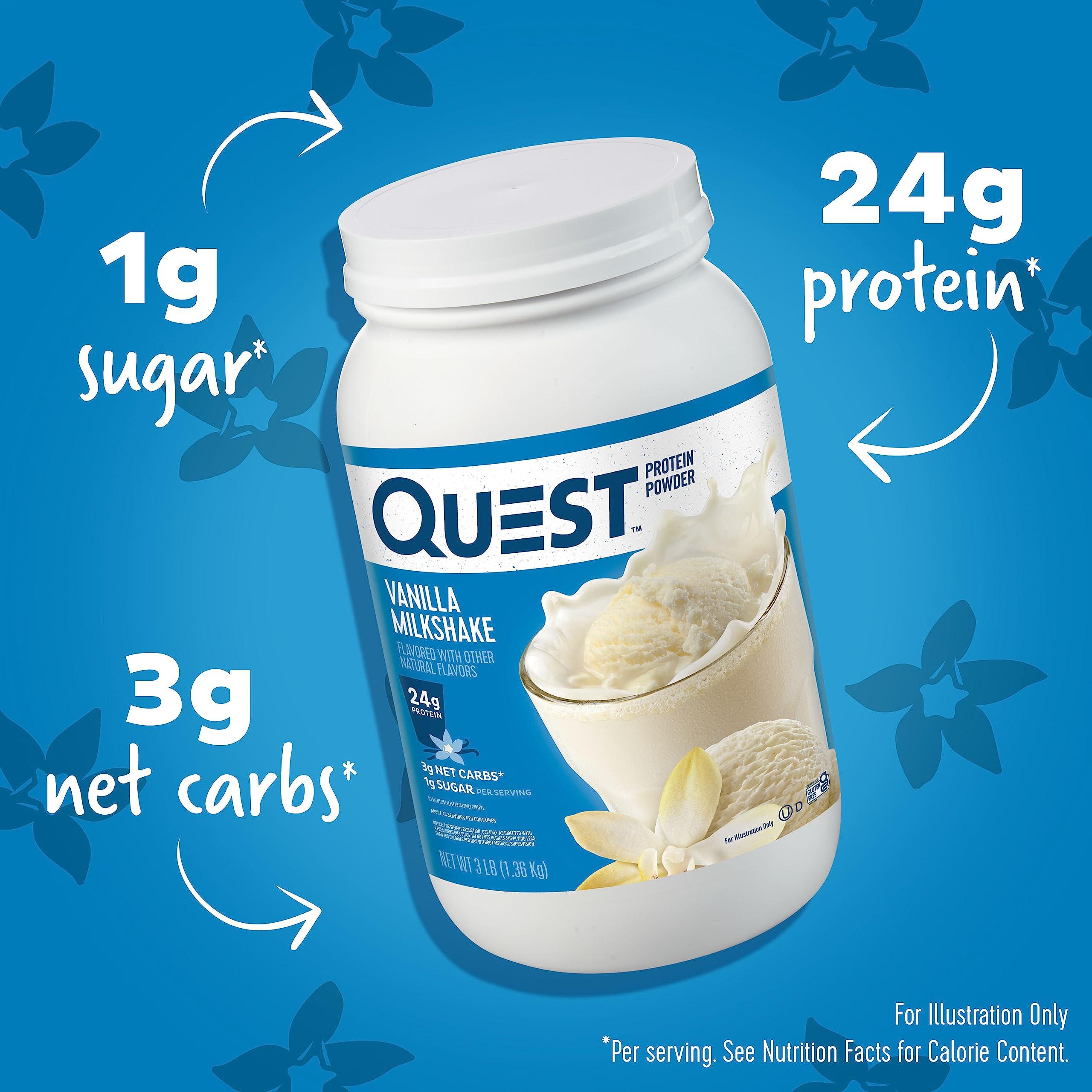 Quest Nutrition Quest Nutrition Vanilla Milkshake Protein Powder, 24g of Protein, 1g of Sugar, Low Carb, Gluten Free, 3 Pound, 43 servings & Cinnamon Crunch Protein Powder, 20g Protein, 2g Net Carb, 1g Sugar