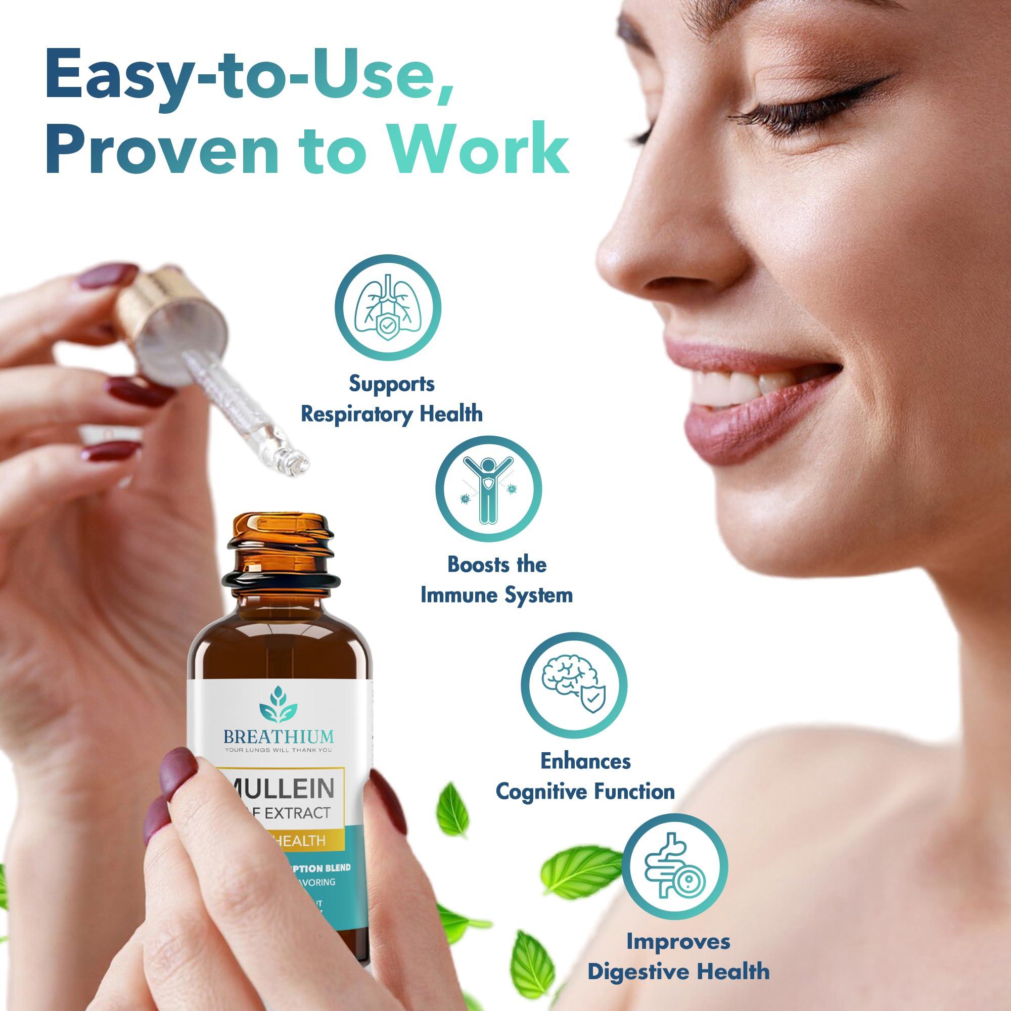 BREATHIUM BREATHIUM Organic Mullein Drops for Lungs  Rapid Mucus & Sore Throat Relief  Liposomal Mullein Leaf Extract Supplement for Healthy Breathing  Sunflower Lecithin, & Peppermint Tea  Made in USA