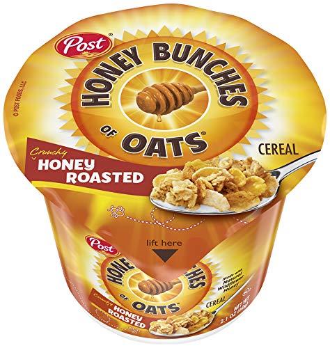 Post Post Honey Bunches of Oats Honey Roasted Breakfast Cereal, Honey Oats Cereal with Granola Clusters, Small Cereal Cup Size for Easy On-The-Go Breakfast, 2 OZ Cereal Cup (Pack of 12)